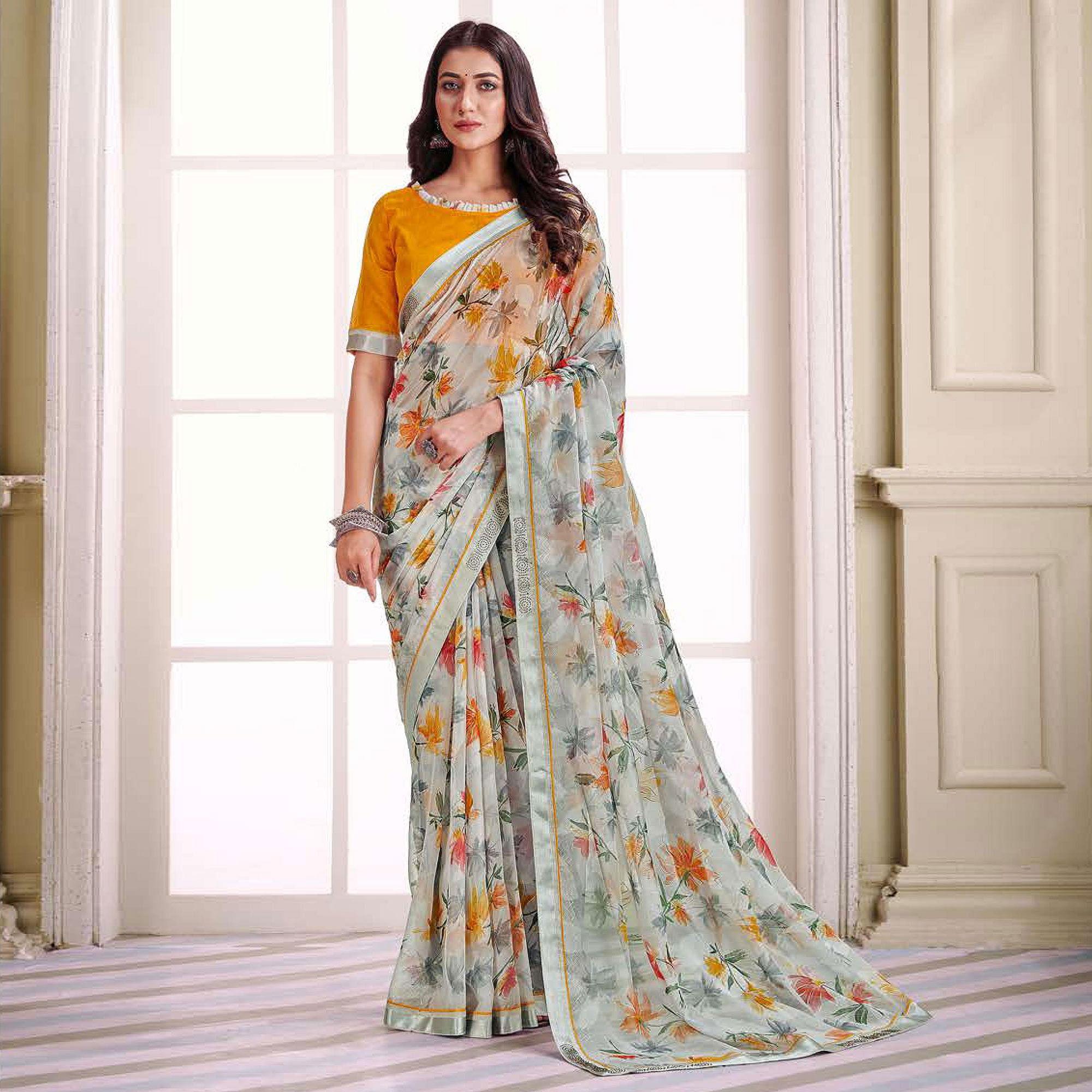 Grey sarees – BlackTree grey-floral-printed-brasso-saree-143722