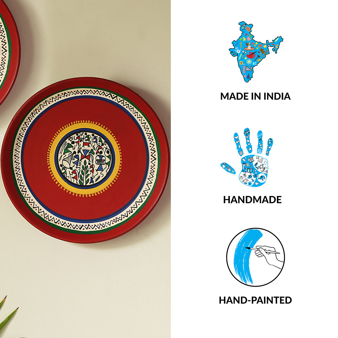 EXCLUSIVELANE 'The Warli Tales' Hand Painted Terracotta Wall Plates Wall Décor (8 inch, Set of 2, Red) - view 5
