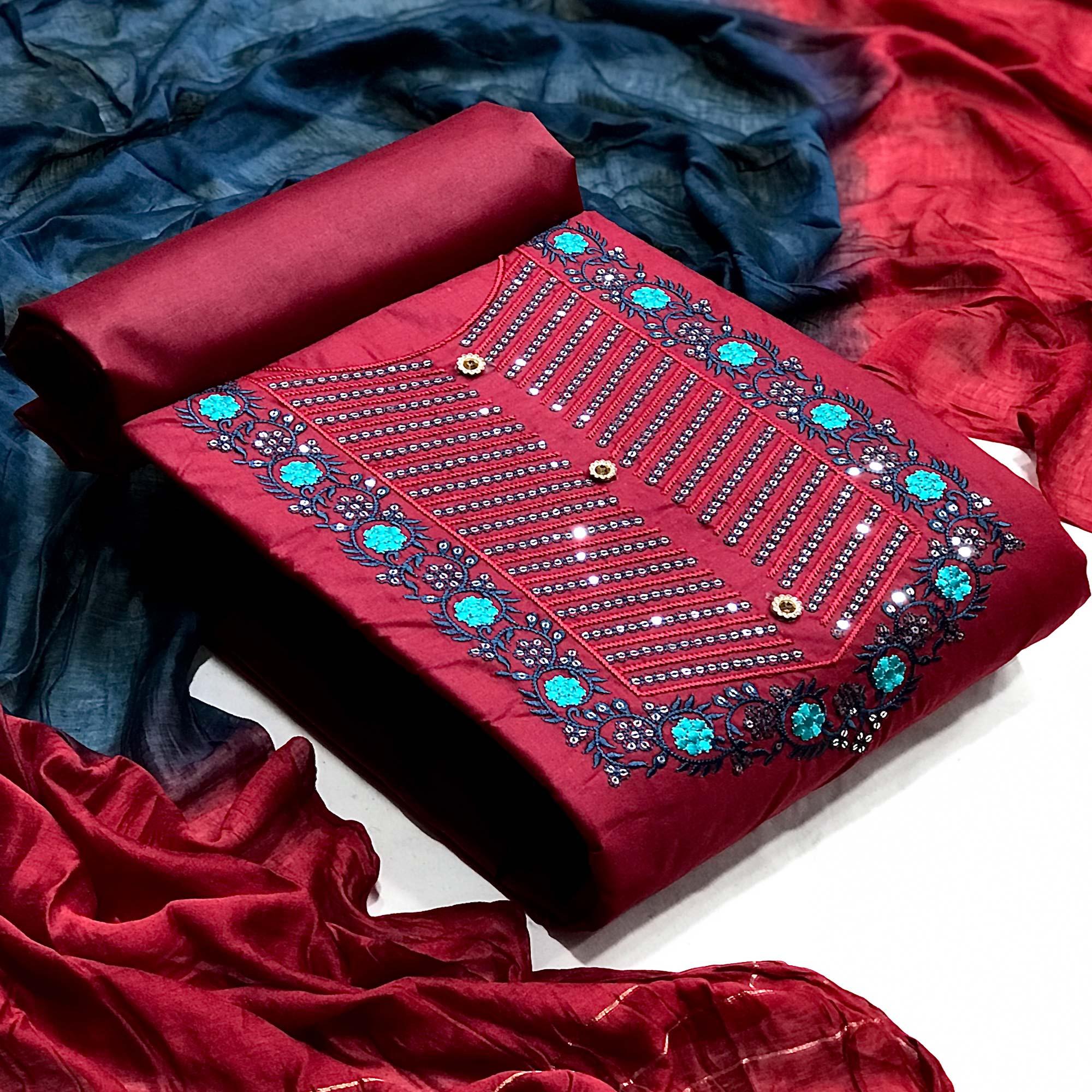 Peachmode Maroon Embellished With Embroidered Cotton Blend Dress Material