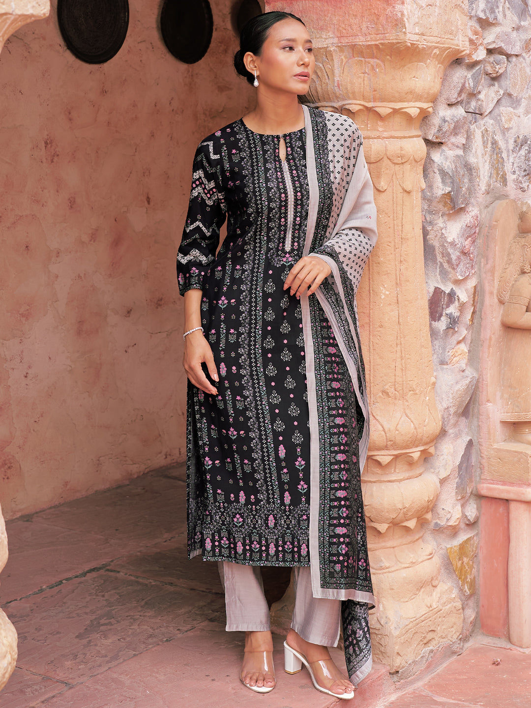 Libas Black Printed Silk Blend Straight Suit With Dupatta
