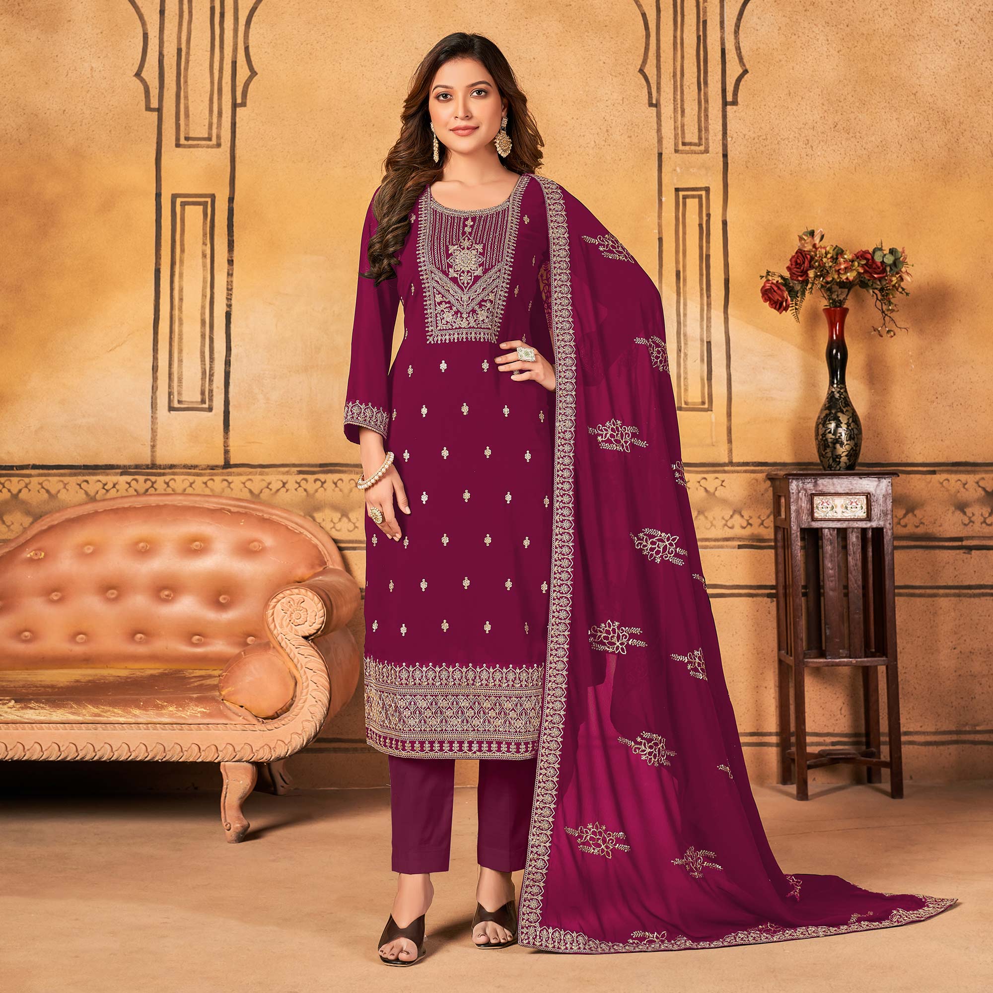 Peachmode Magenta Pink Floral Embroidered Georgette Salwar Suit - view 2