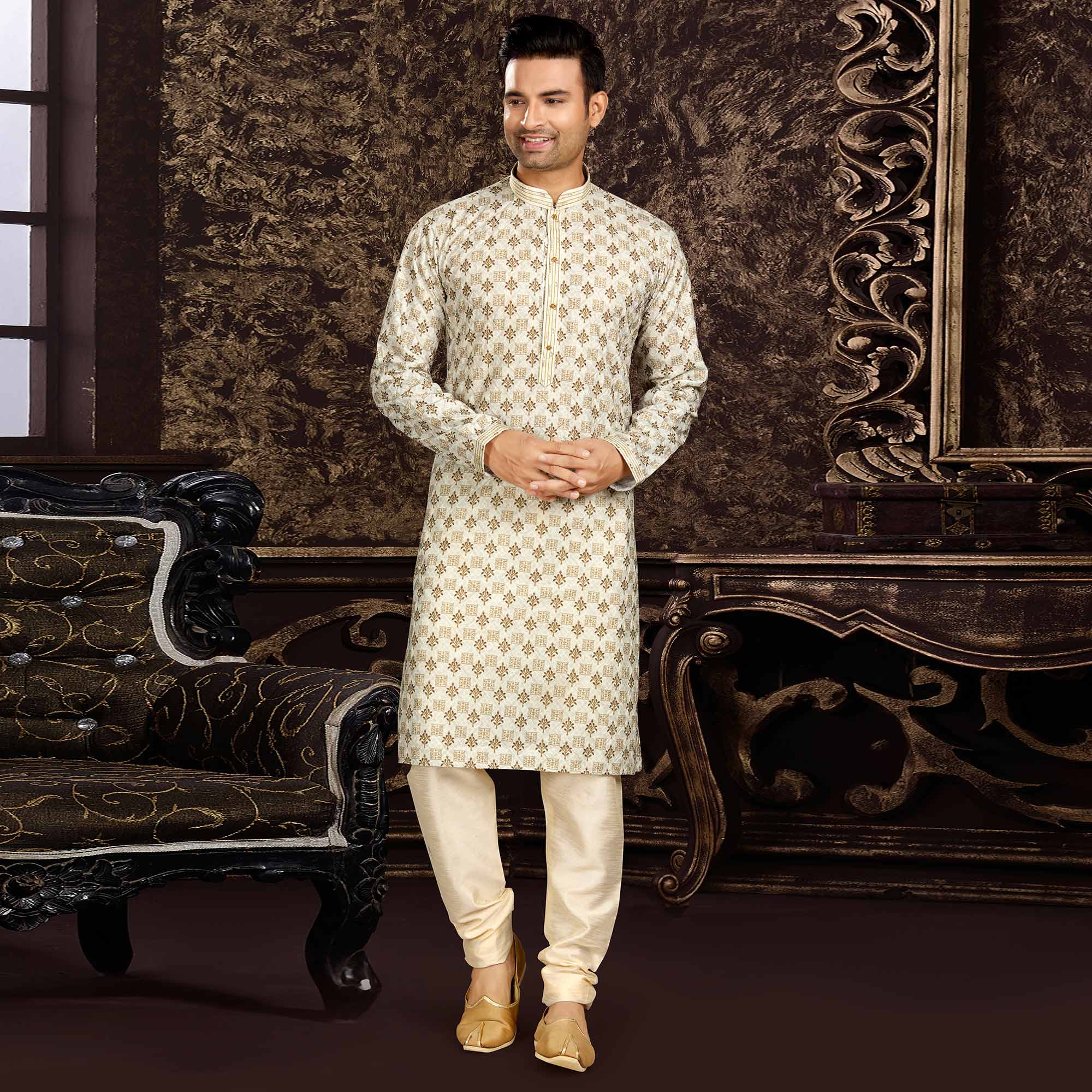 Peachmode Seller Cream Lucknowi And Digital Printed Cotton Kurta Pyjama Set - view 4