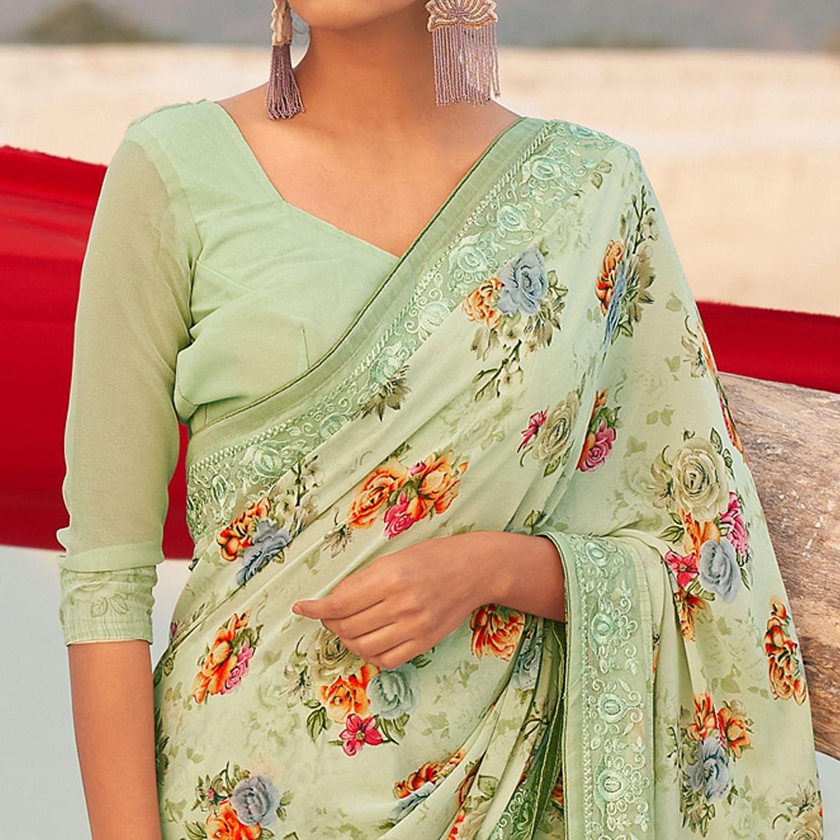 Peachmode Light Green Casual Wear Floral Printed Georgette Saree - view 2
