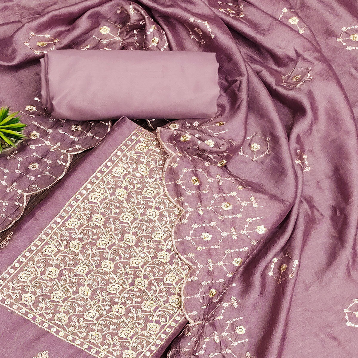 Peachmode Mauve Sequins Embroidered Chinon Dress Material - view 2