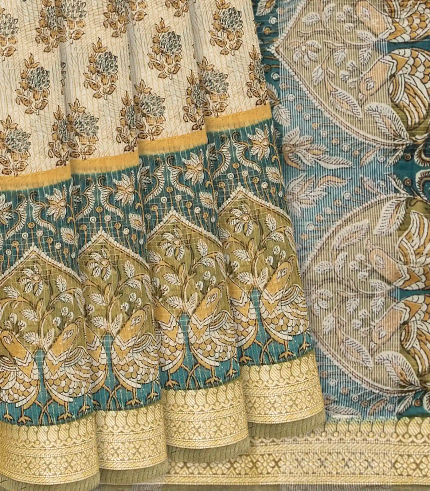 RmKV Cream Woven Chanderi Cotton Saree With Printed Bird Motifs-Cream