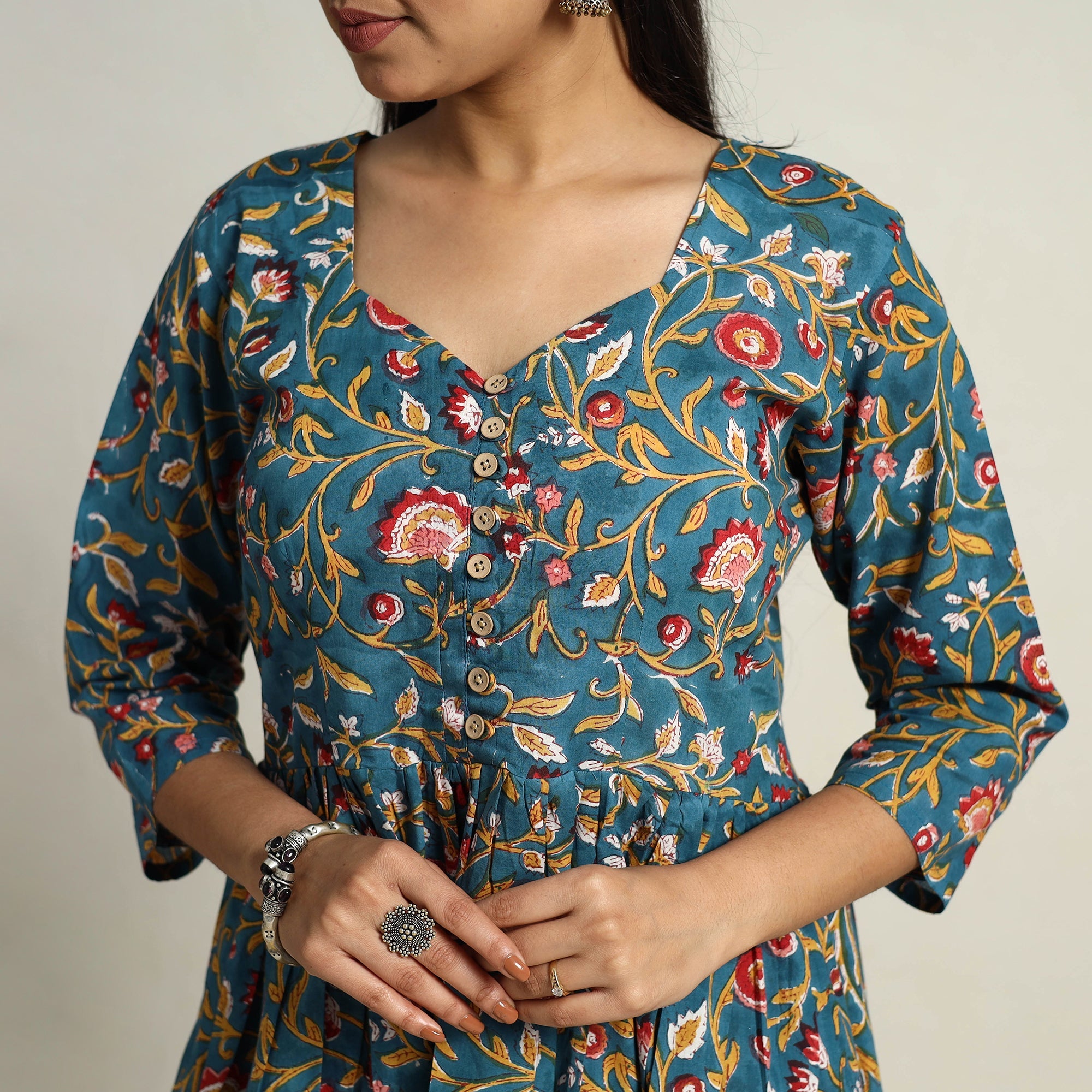 ITOKRI CASUALS Blue - Block Print Cotton Flared Sanganeri Kurta Set 13 - view 5