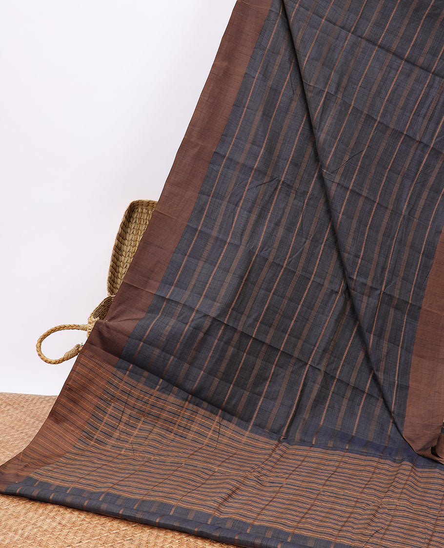 Pothys Blue striped semi-banaras tussar saree with contrast border & checked pallu