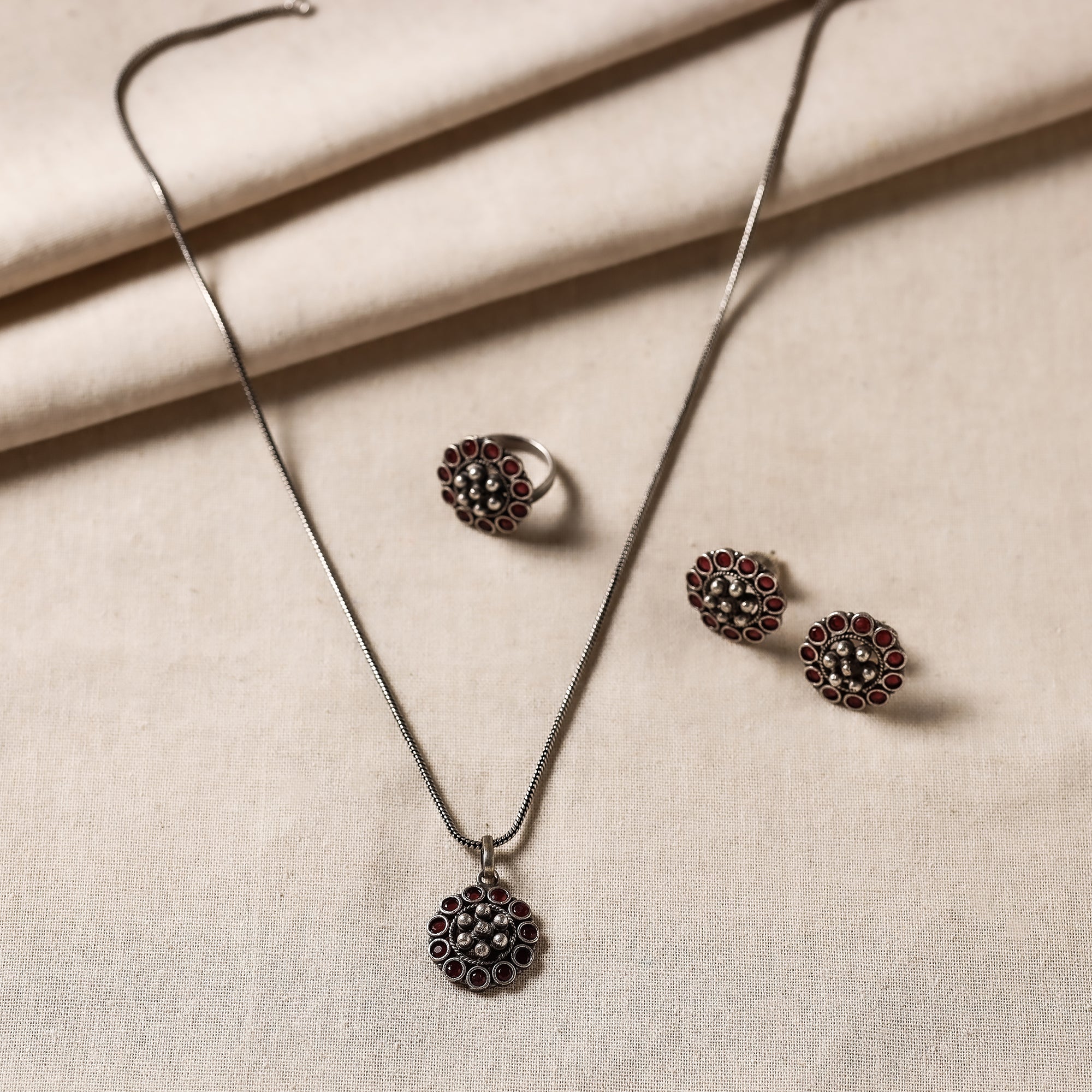 WHITE RIVER STORIES Antique Silver Finish Oxidised Brass Base Stone Work Necklace Set with Ring - view 2