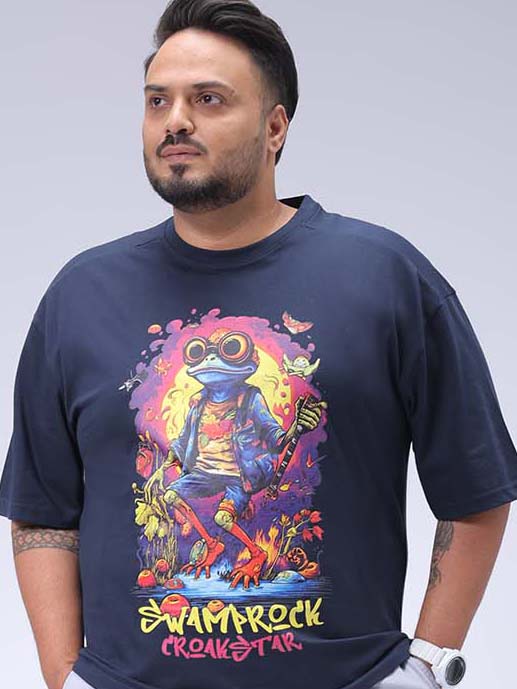 HARDSODA Men's Plus Size Navy Relaxed Fit Placement Printed T-Shirt