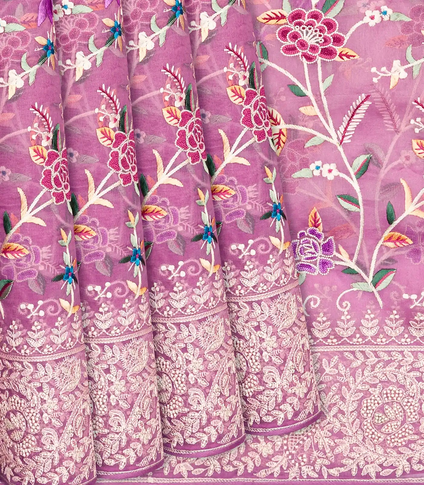 RmKV Dusty Pink Organza Silk Saree With Meena Embroidered Motifs-Dusty Pink