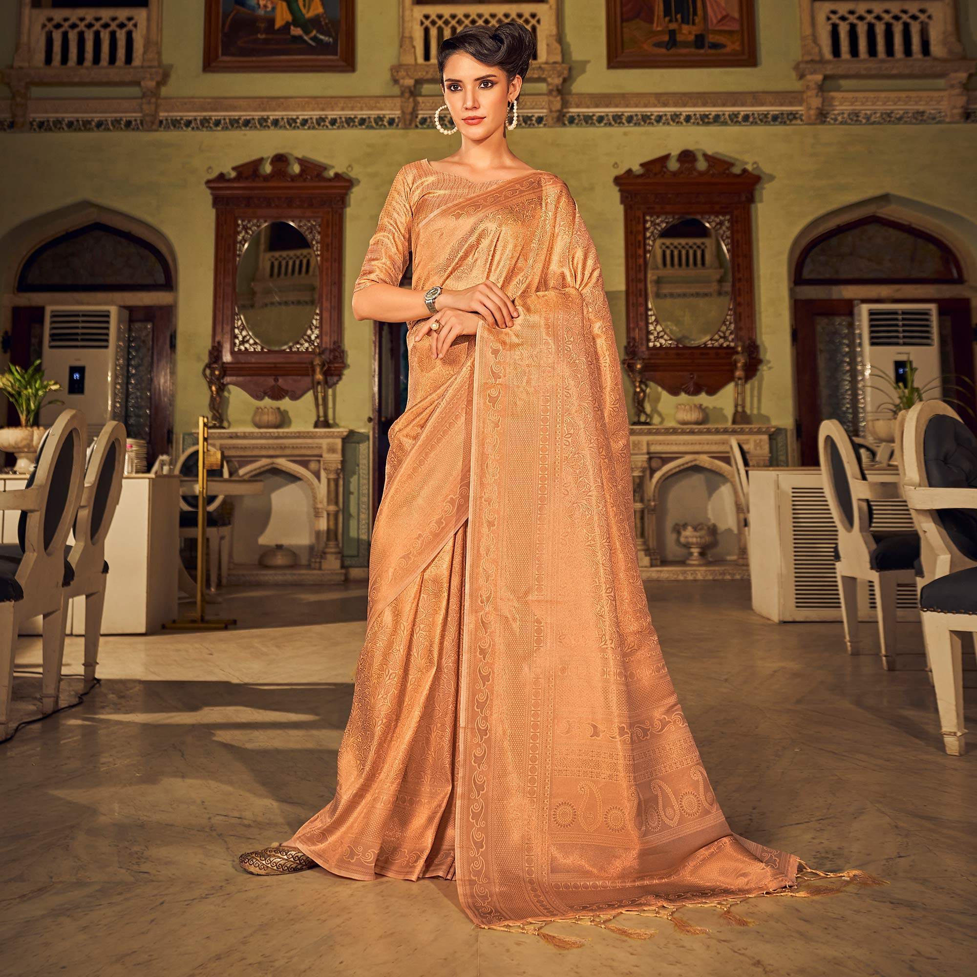 Peachmode Dark Peach Woven Kanjivaran Satin Saree