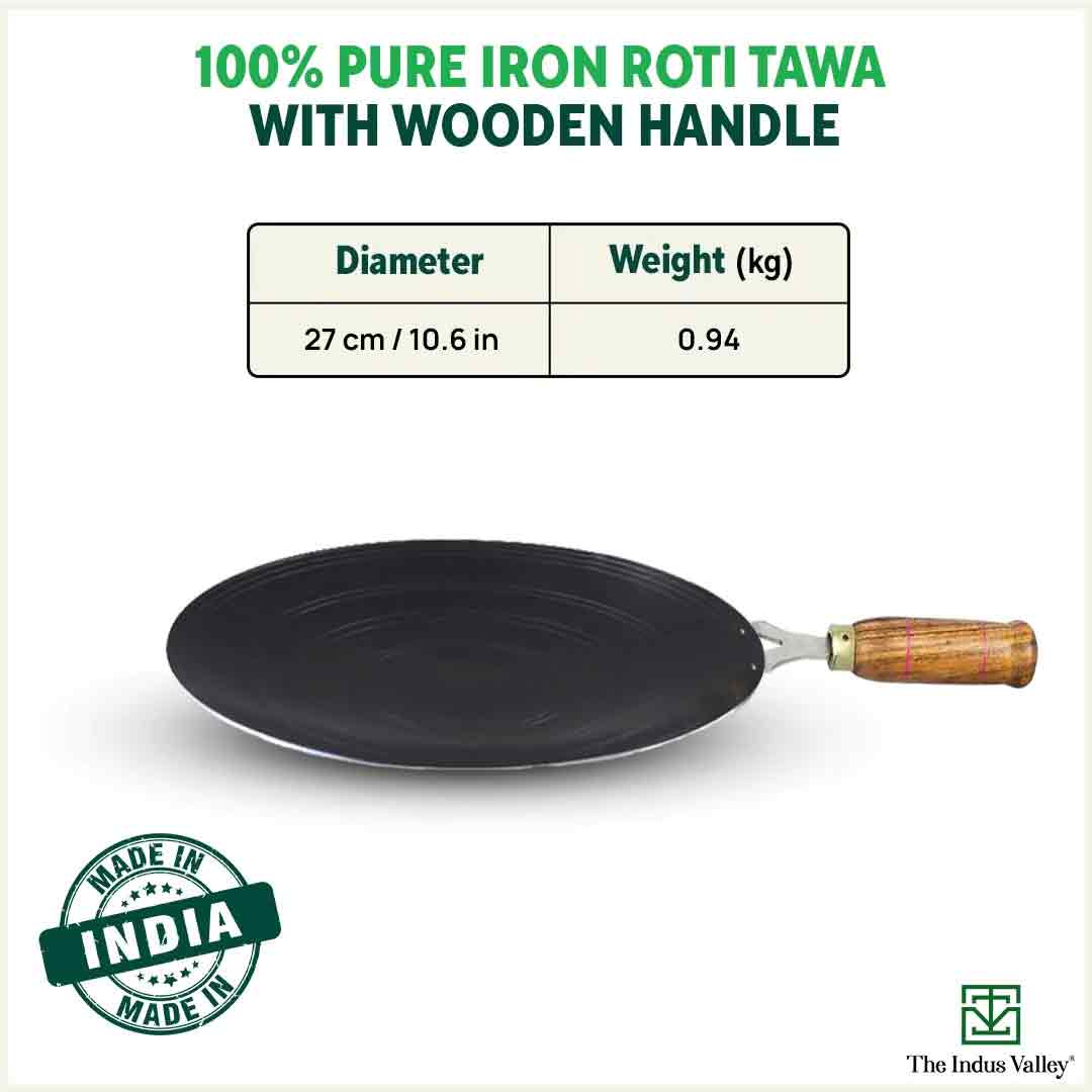 The Indus Valley 100% Pure Sheet Iron Tawa, Concave, Toxin-free, Seasoned, Wooden Handle, 25.5cm, 0.9kg - view 3