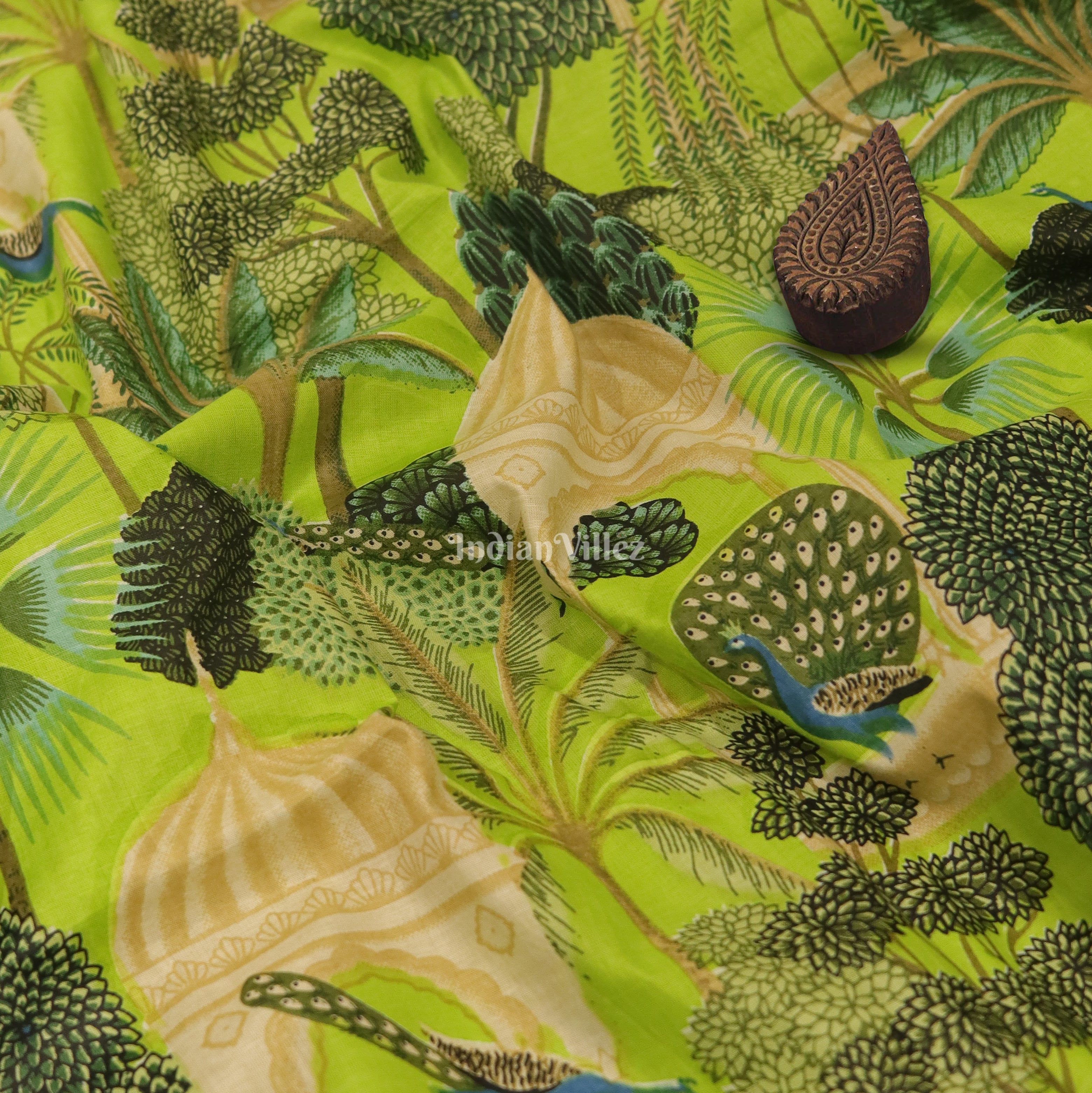IndianVillèz Green Tree Theme Hand Block Printed Cotton Fabric