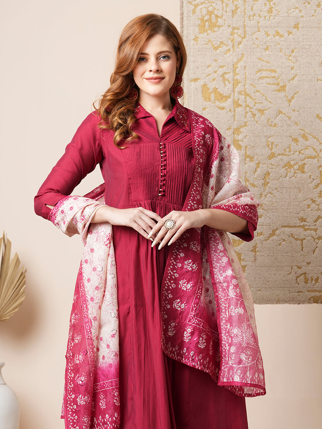 FASHOR Solid Pin Tucked A-Line Paneled Kurta with Pant & Printed Dupatta - Maroon