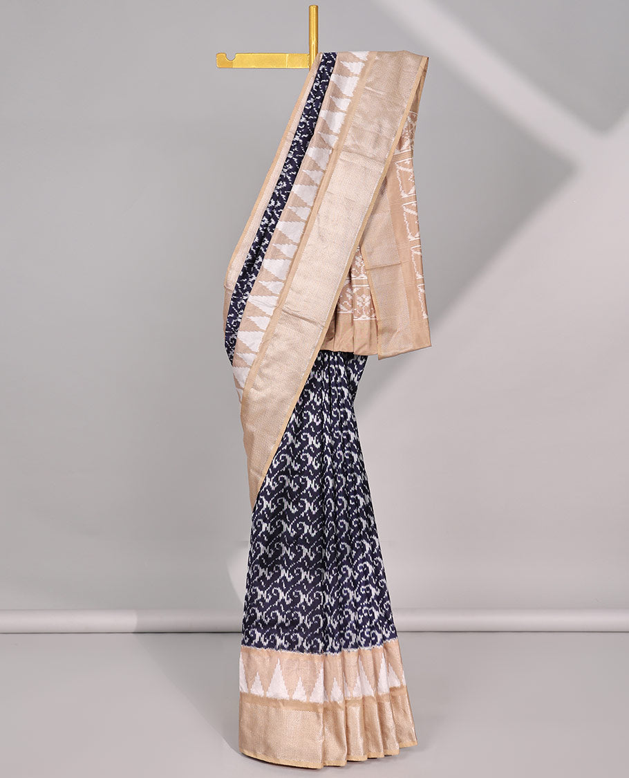 Pothys Blue intricate design ikkat saree with triangle motifs & geometric, floral motifs pallu