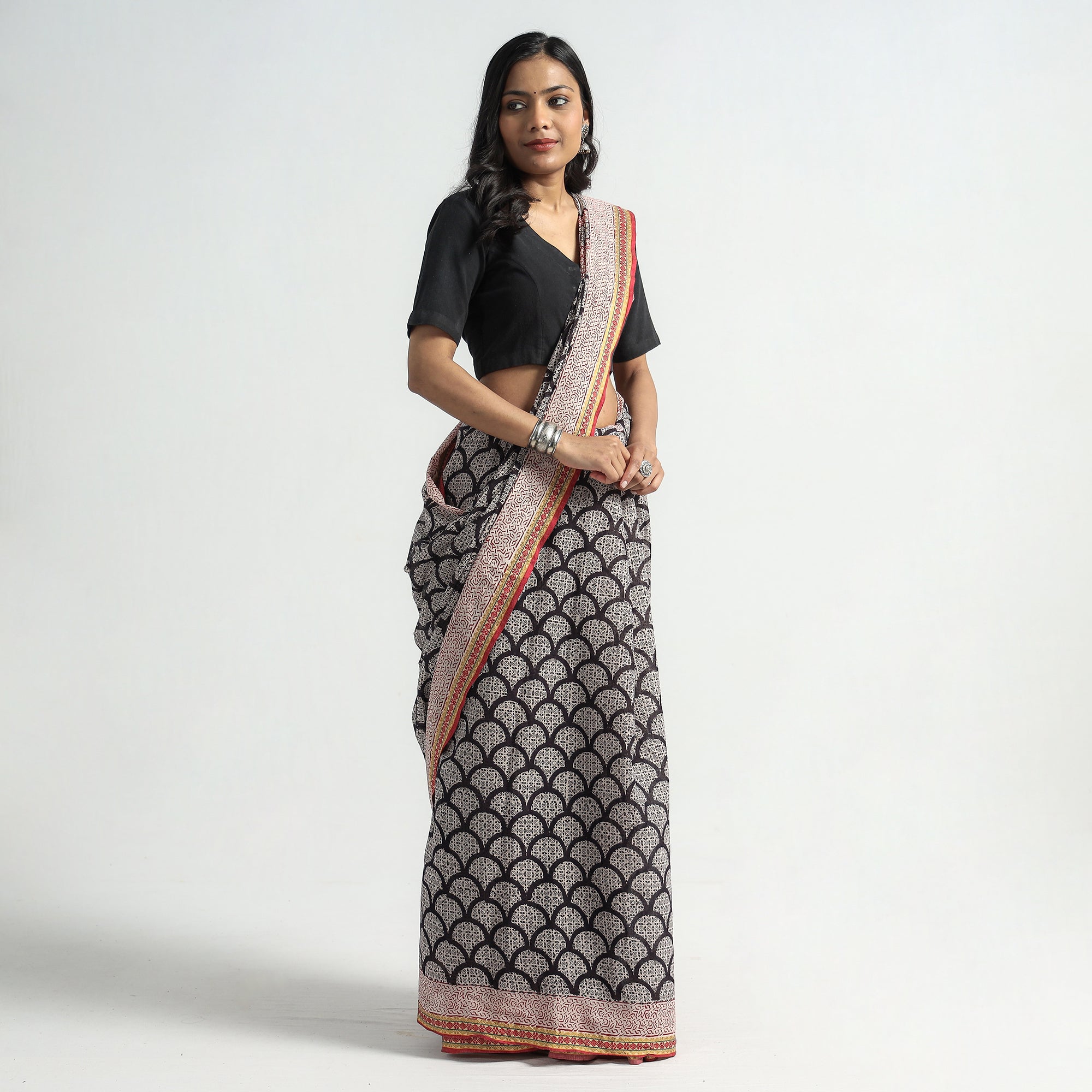 BAGH PRINTS BY MOHAMMED BILAL KHATRI Black - Bagh Hand Block Printed Natural Dyed Cotton Saree with Zari Border - view 2