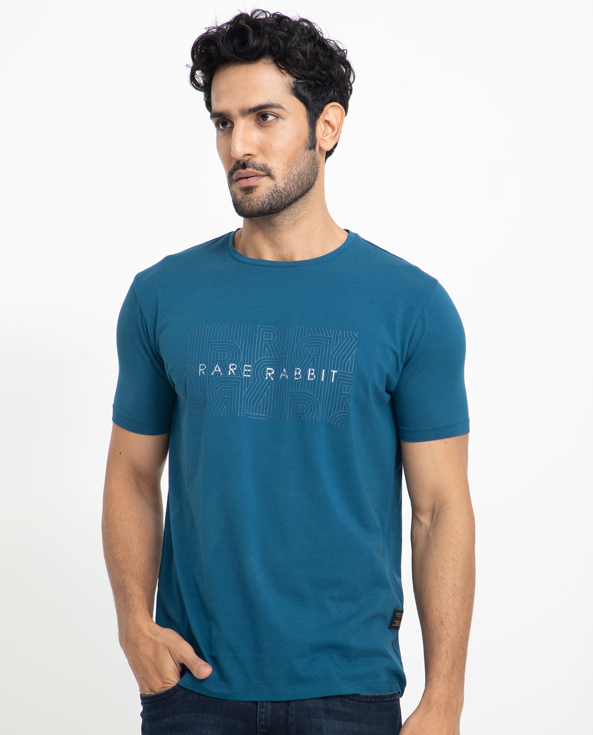 Rare Rabbit Men's Alanet Teal Crew Neck Foil HD Print Branding Half Sleeves Regular Fit T-Shirt - view 12