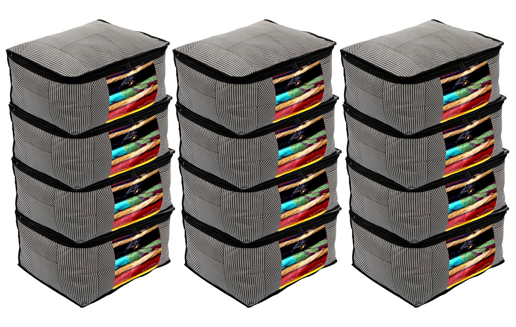 Kuber Industries Non-Woven Lining Print Saree Organizer|Wardrobe Organizers With Transparent Window, Zipper, Set of 12 (Gray)