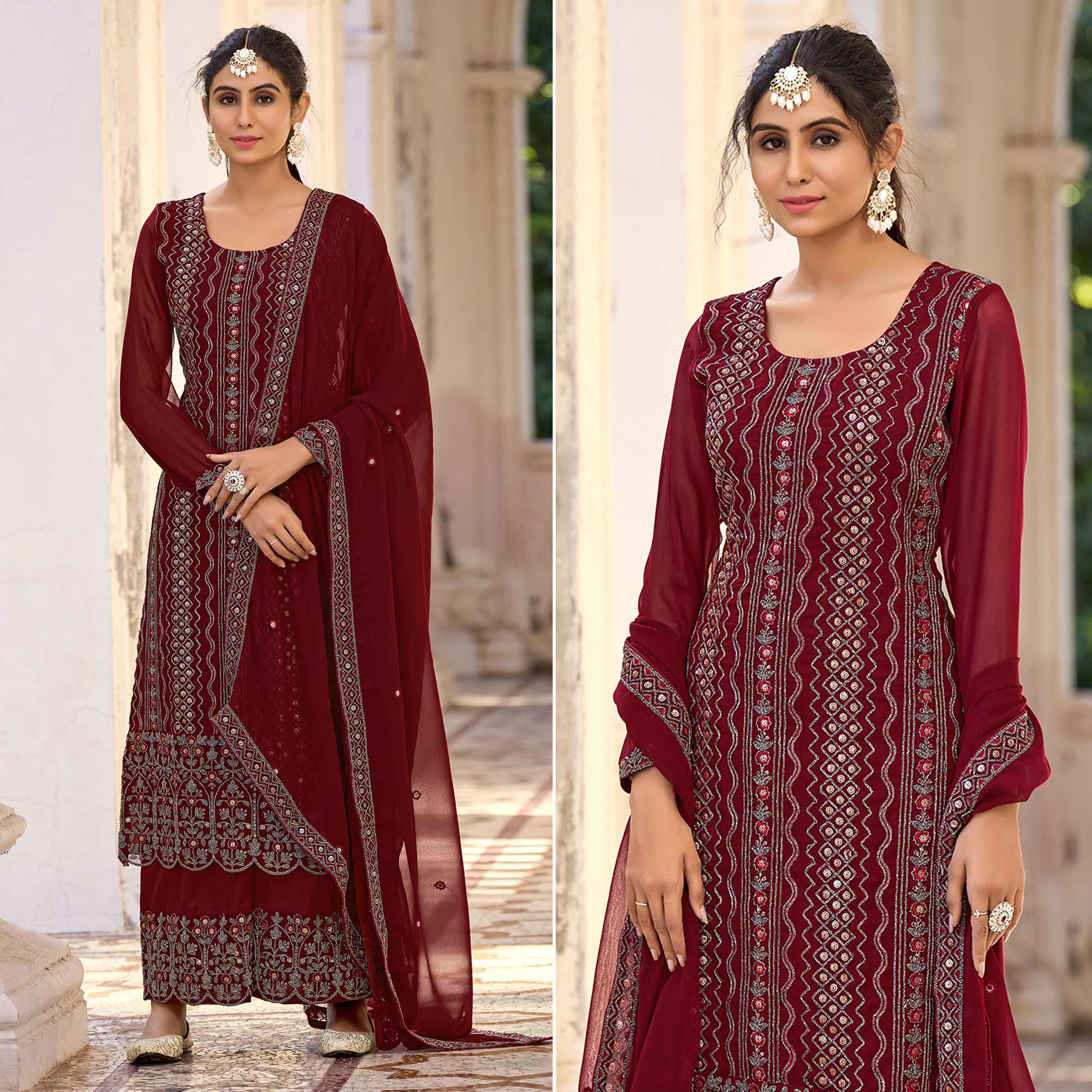 Peachmode Maroon Floral Embroidered Art Silk Suit