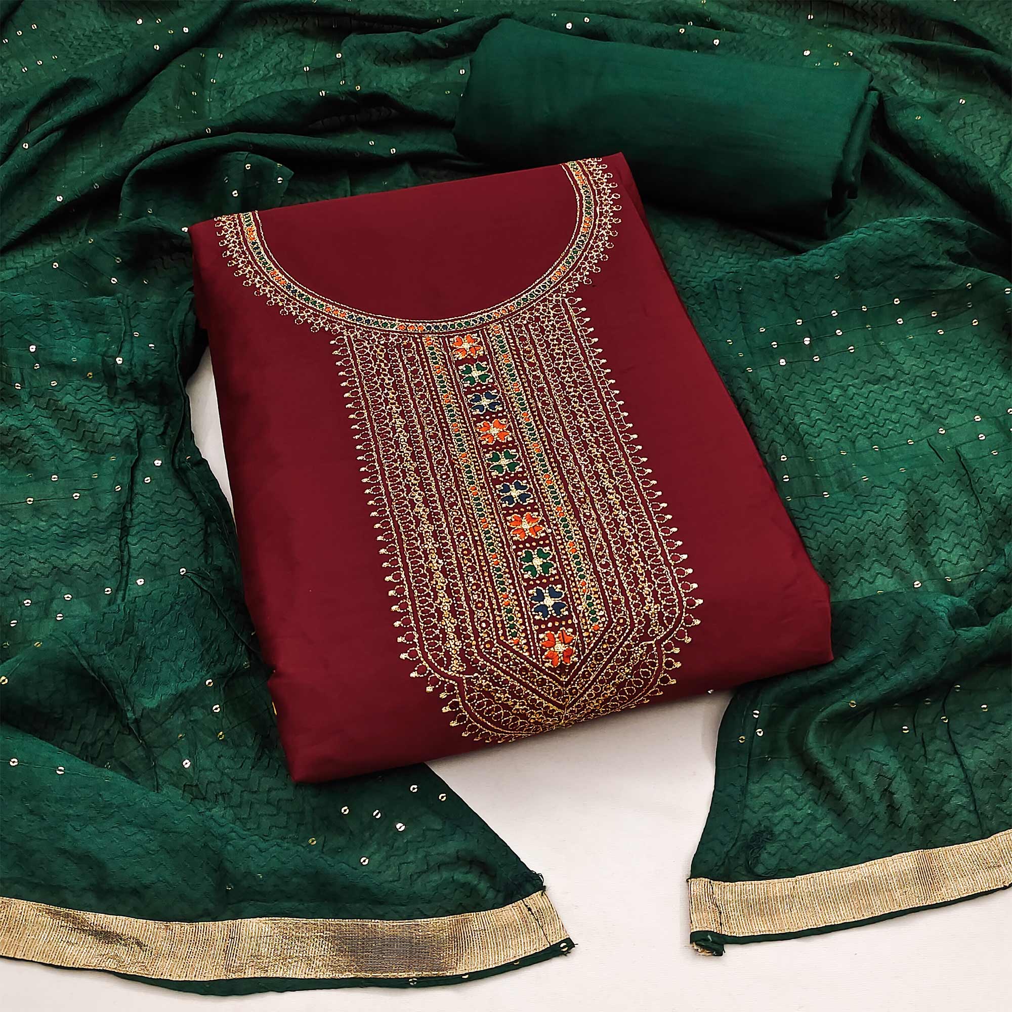 Peachmode Maroon Embroidered Cotton Silk Dress Material