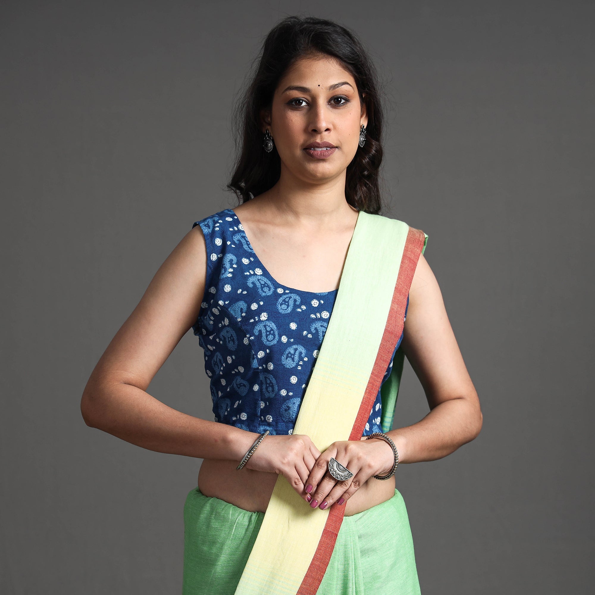 ITOKRI CASUALS Blue - Bagru Dabu Block Printed Cotton Stitched Sleeveless Blouse