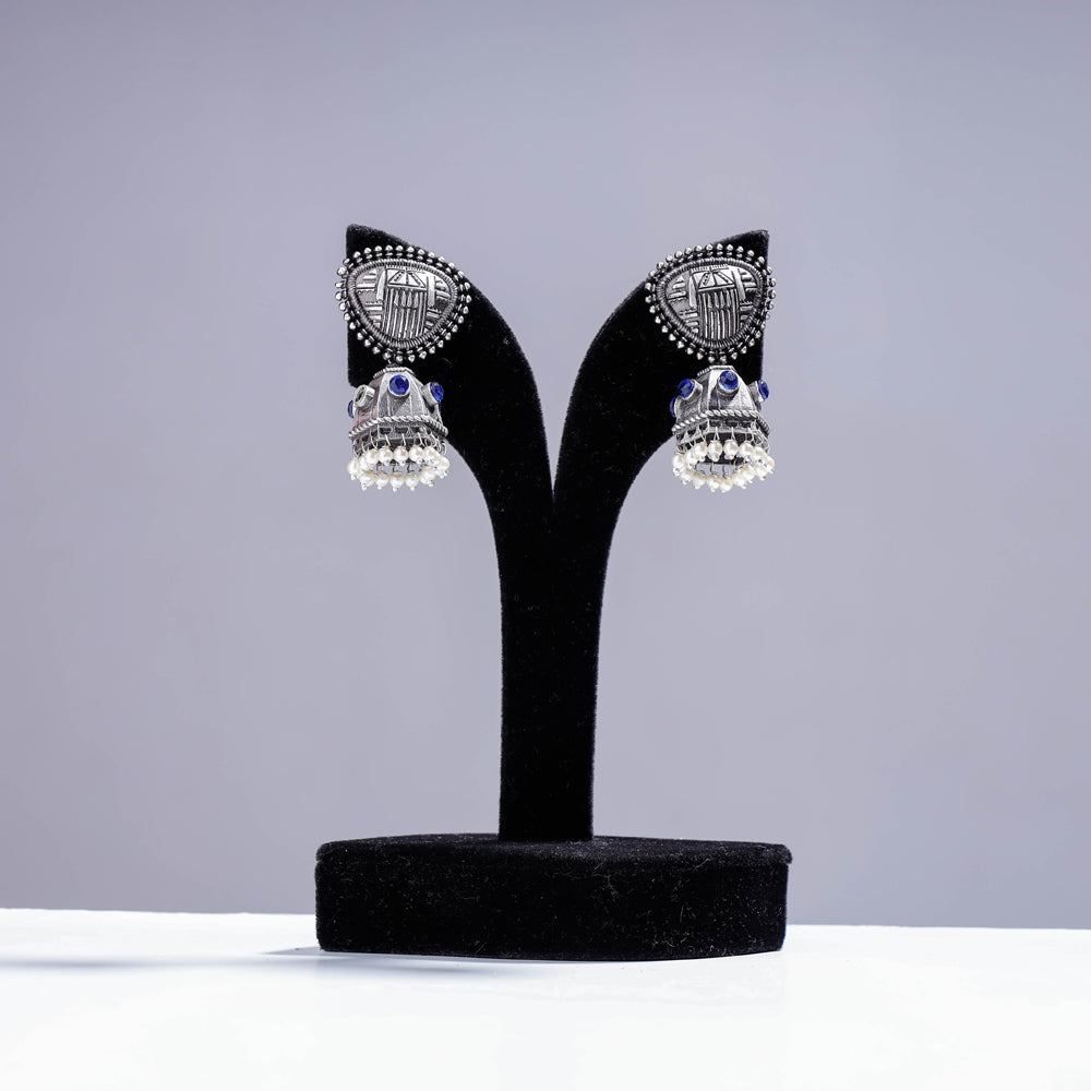 WHITE RIVER STORIES Antique Silver Finish Oxidised Brass Base Jhumki Earrings