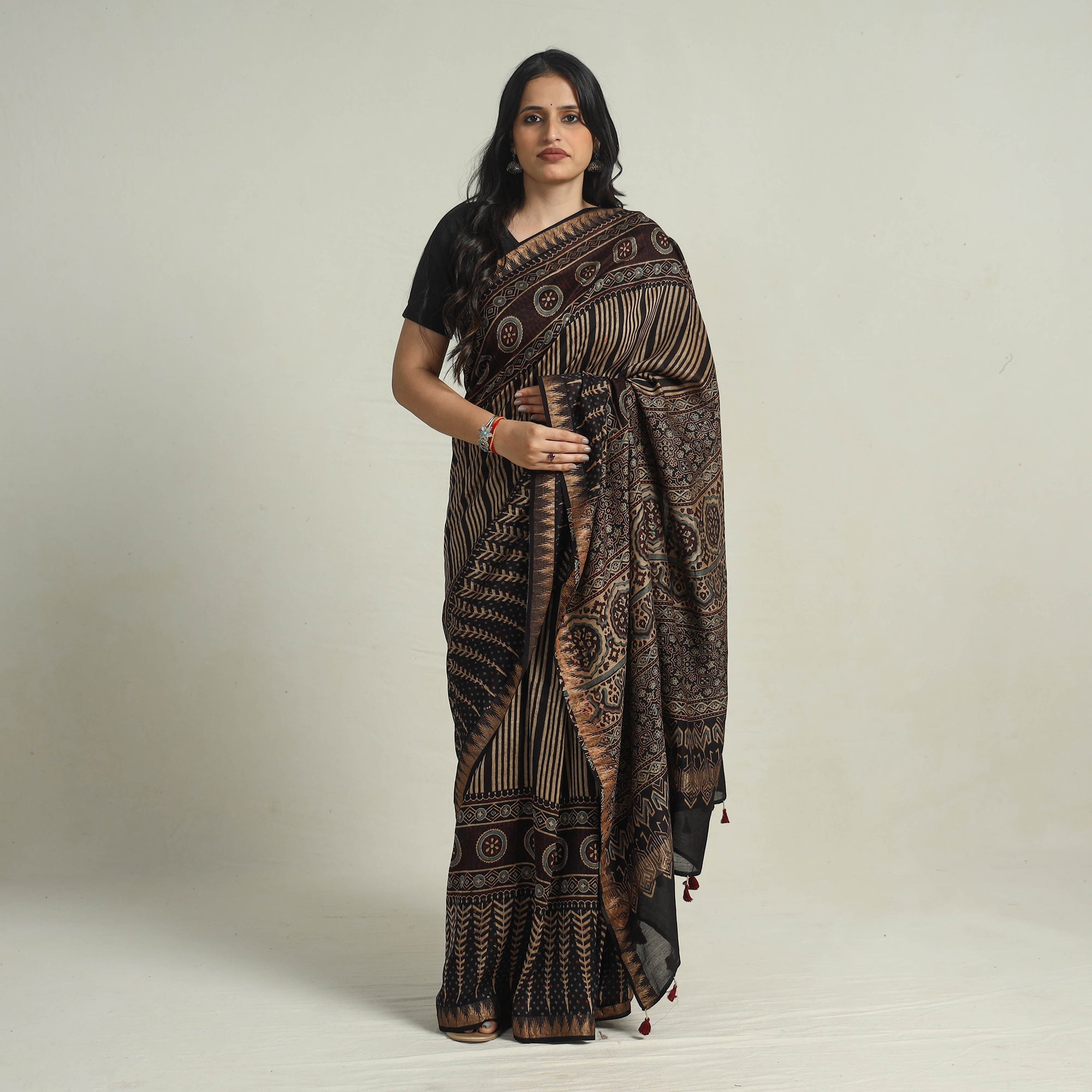 RIYAZ ABDULMAJID KHATRI - AJRAKH Black - Block Printed Chanderi Silk Ajrakh Saree 10