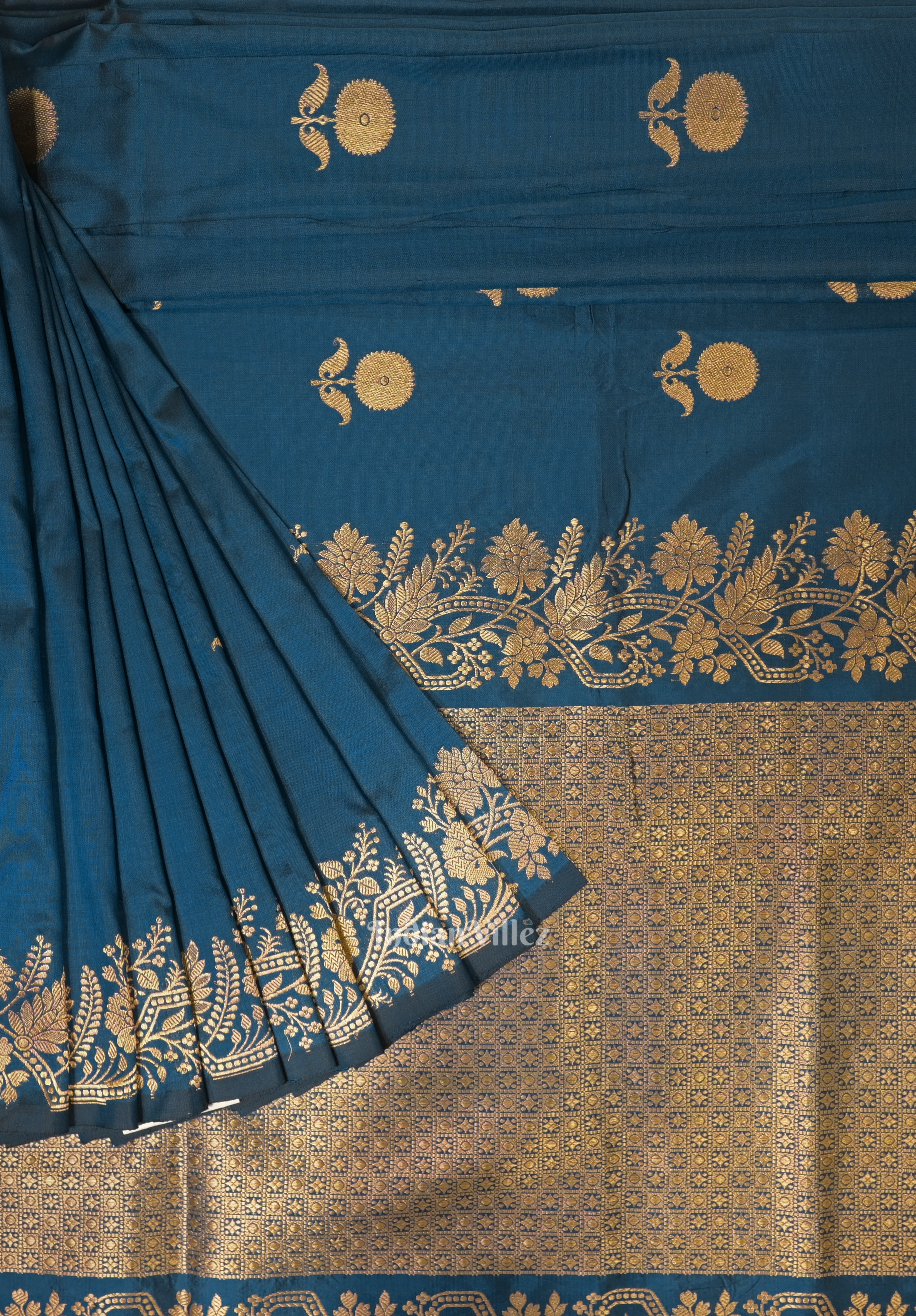 IndianVillèz Tortoise Blue Katan Banarasi Silk Saree