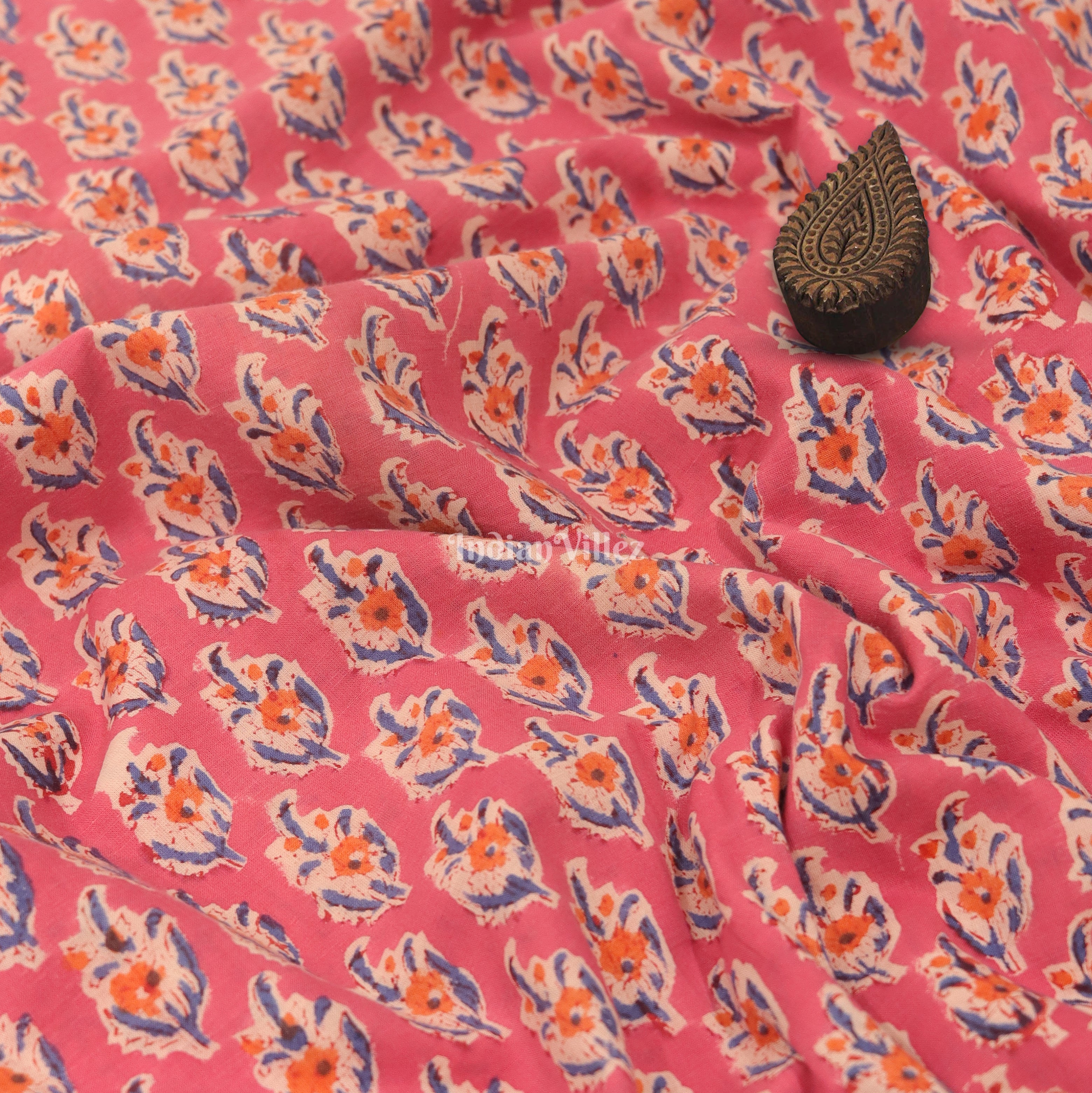 IndianVillèz Pink Flower Motif Hand Block Printed Cotton Fabric