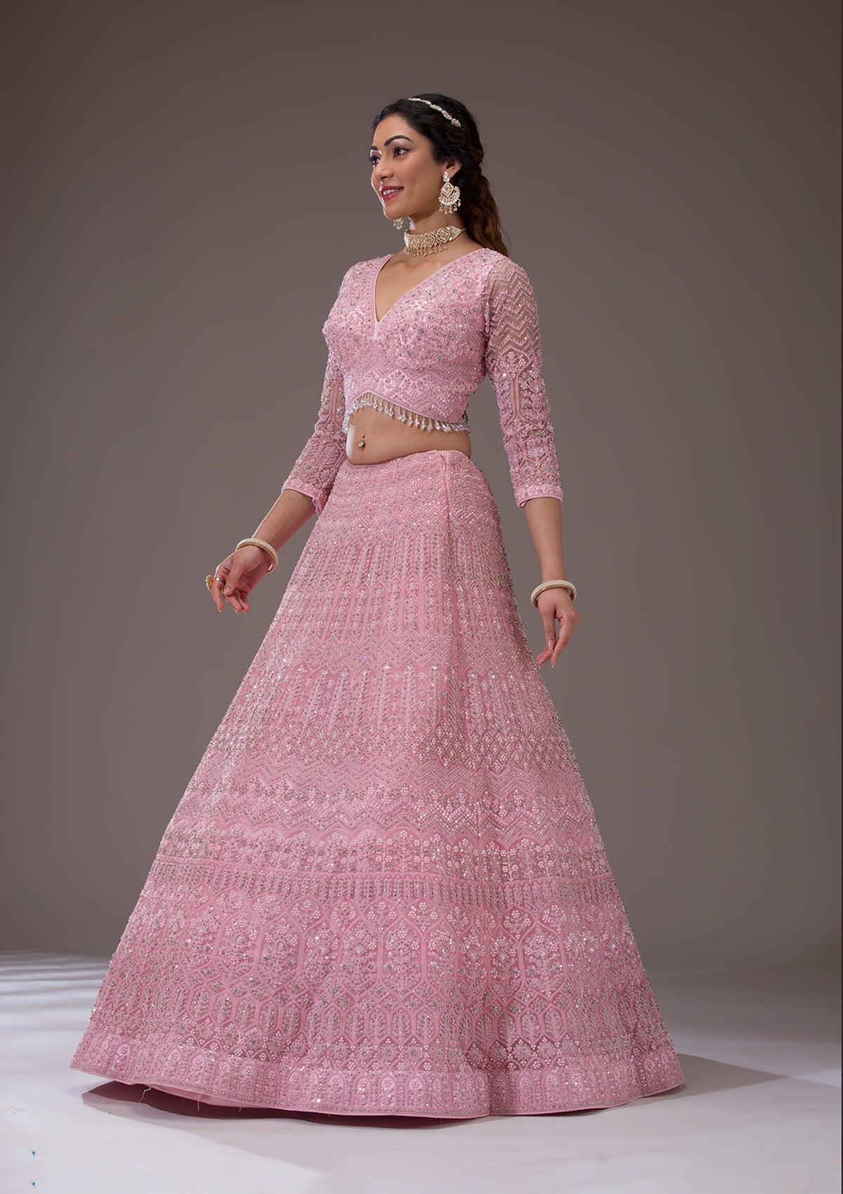 Koskii Baby Pink Silver Stonework Net Readymade Lehenga - view 5