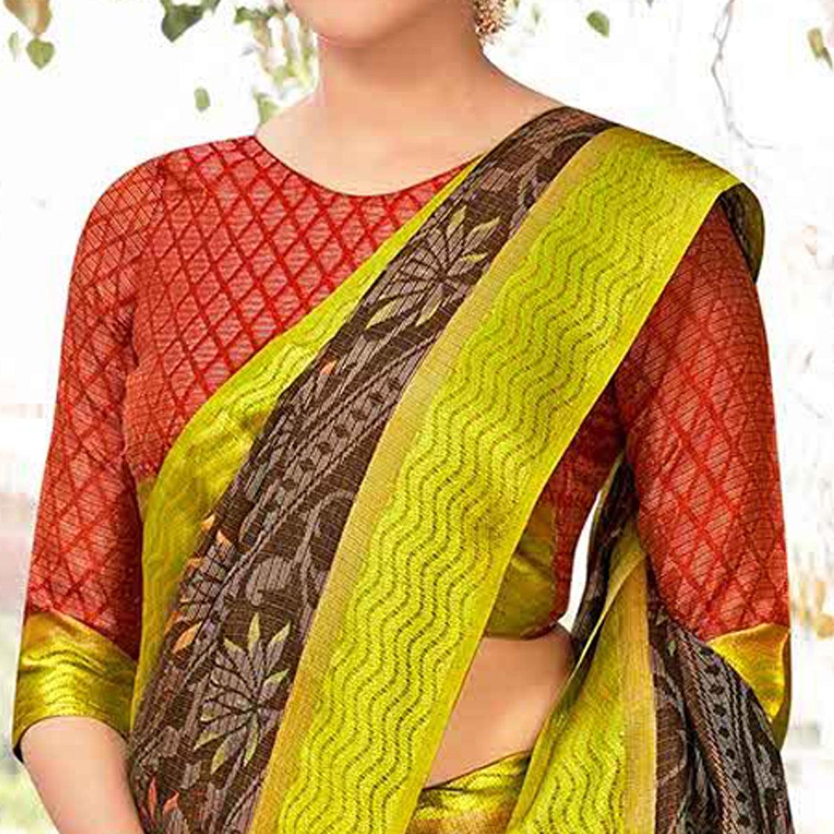 Peachmode Brown - Green Festive Wear Printed Brasso Saree - view 3