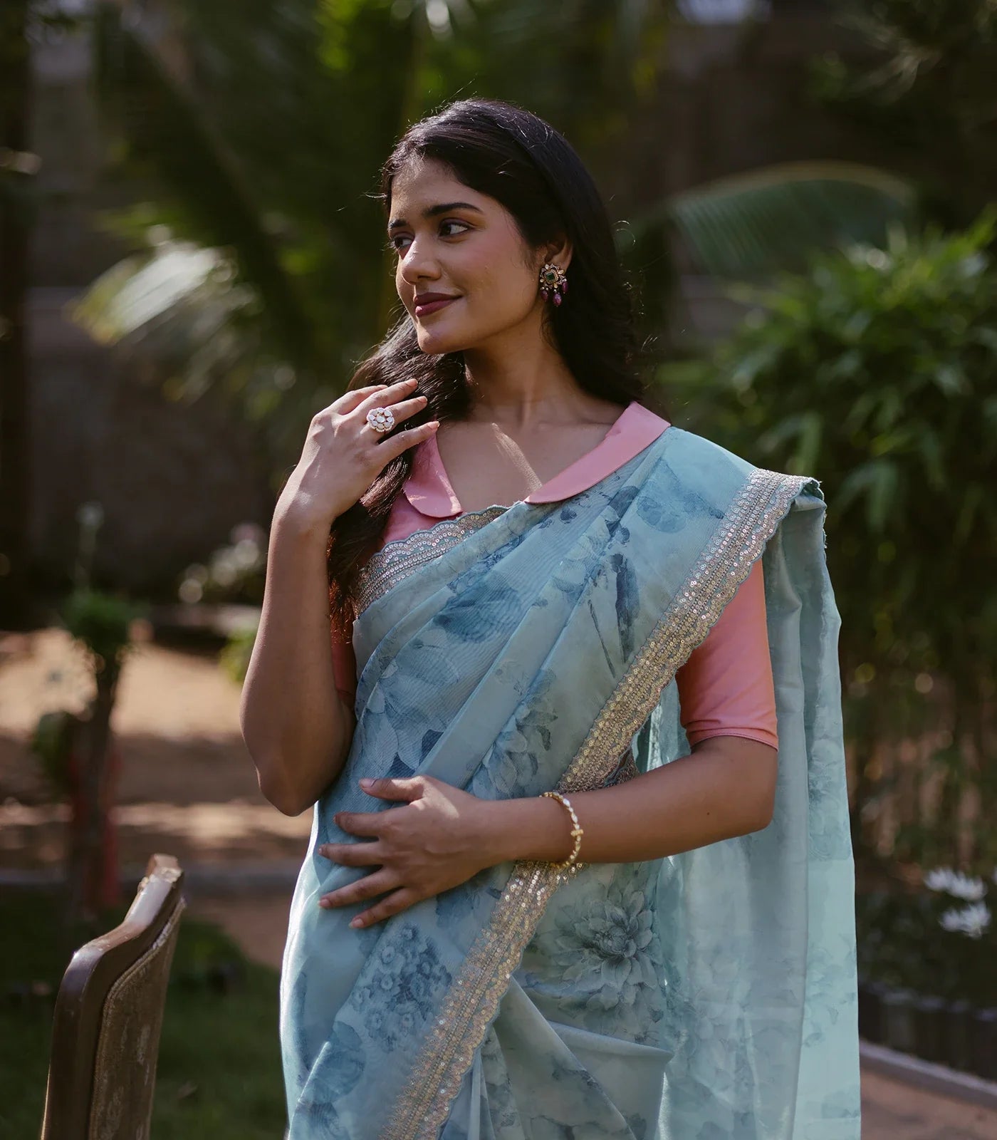 RmKV Turquoise Woven Organza Printed Saree With Embroidered Border - view 4