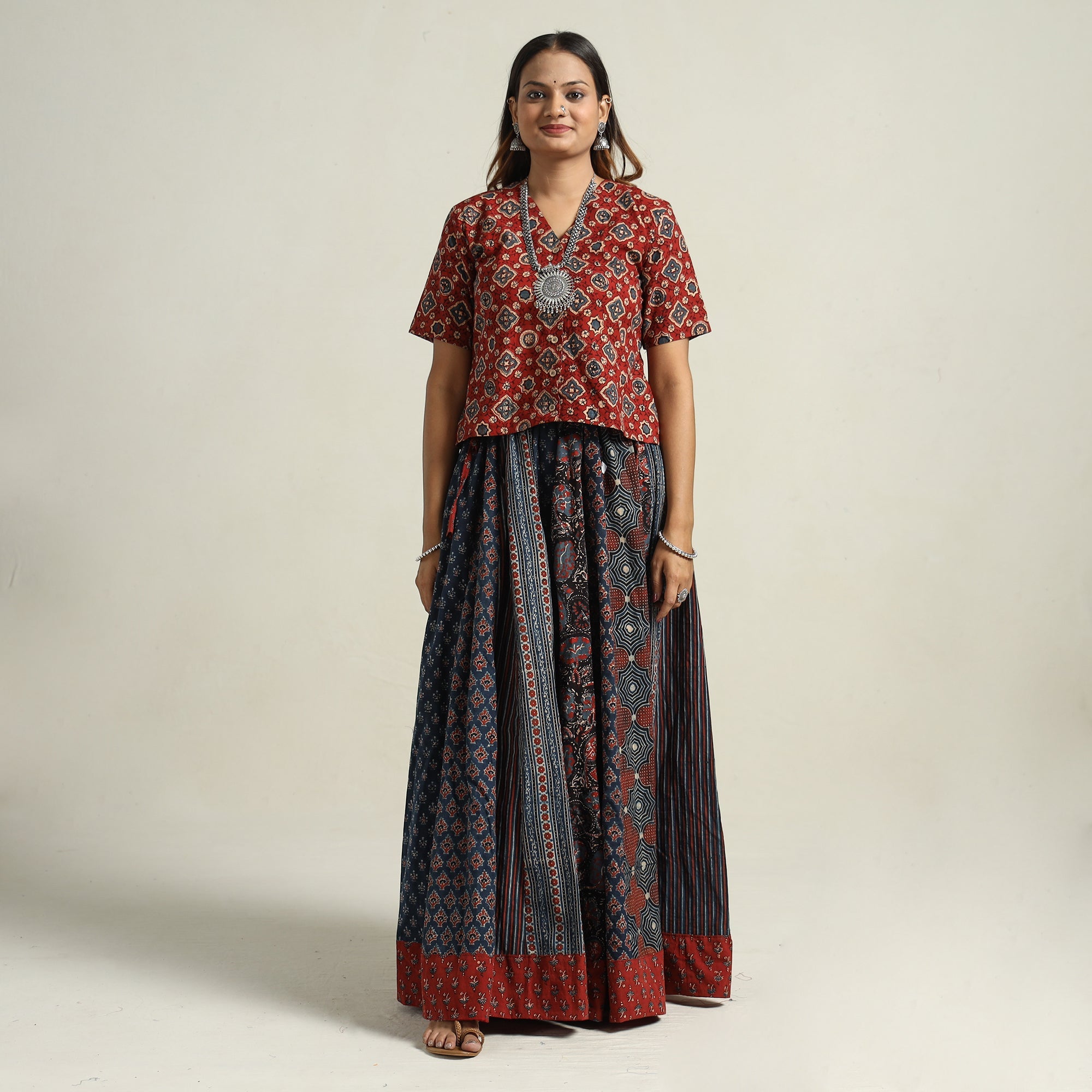 NOORI BAZAR Blue - Ajrakh Block Printed 24 Kali Patchwork Cotton Long Skirt 45