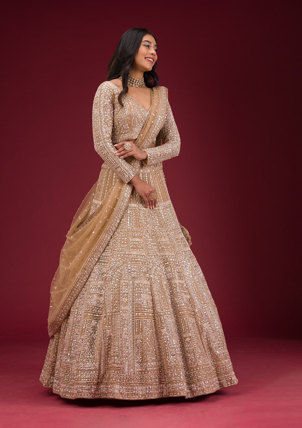 Koskii Beige Sequins Net Readymade Lehenga – Women's - view 6