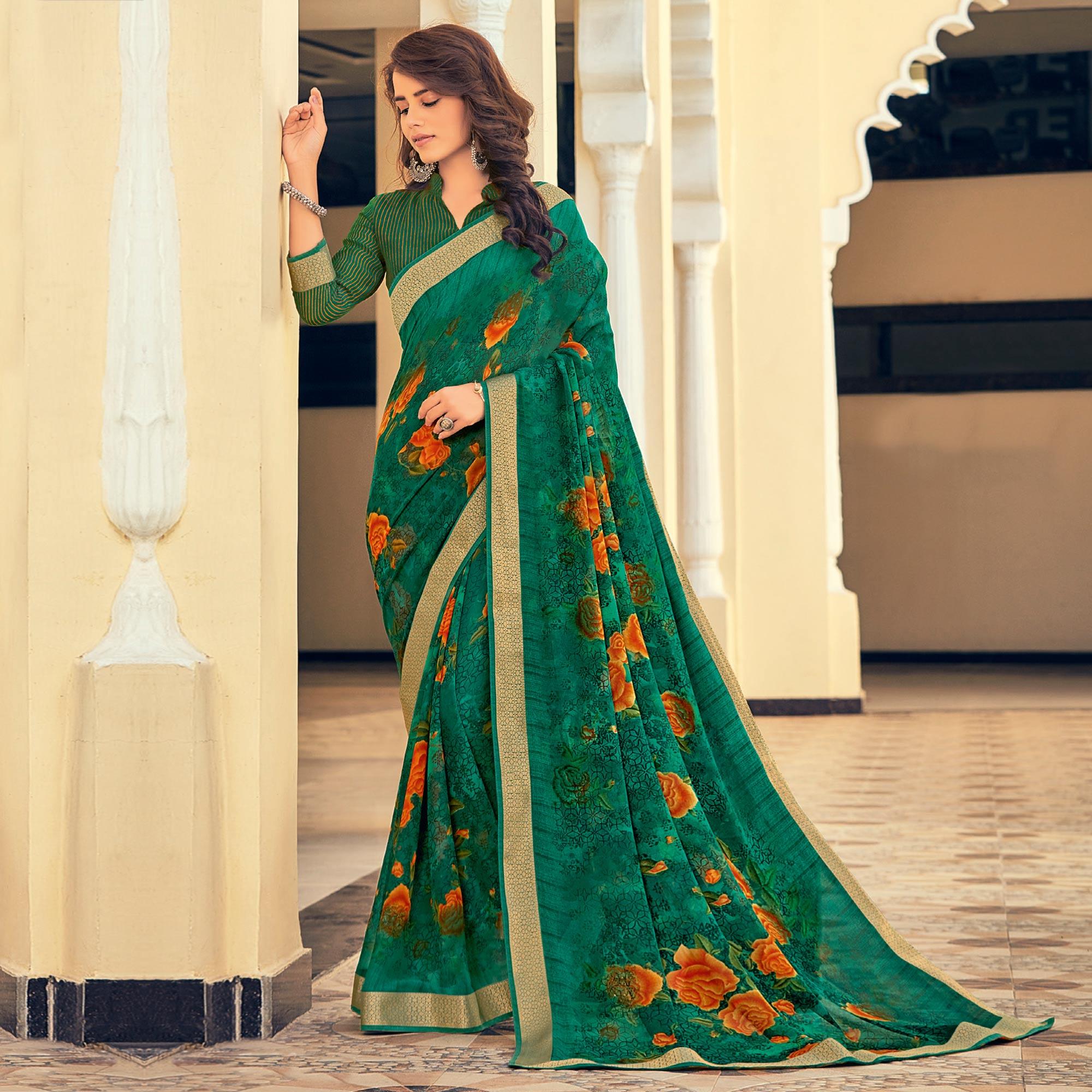 Peachmode Bottle Green Casual Wear Printed Georgette Saree With Border