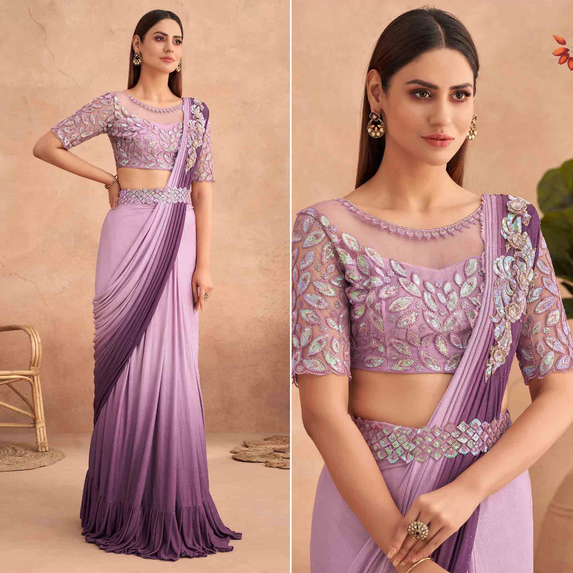 Peachmode Seller Lavender & Purple Sequins Embroidered Ready to Wear Lycra Saree