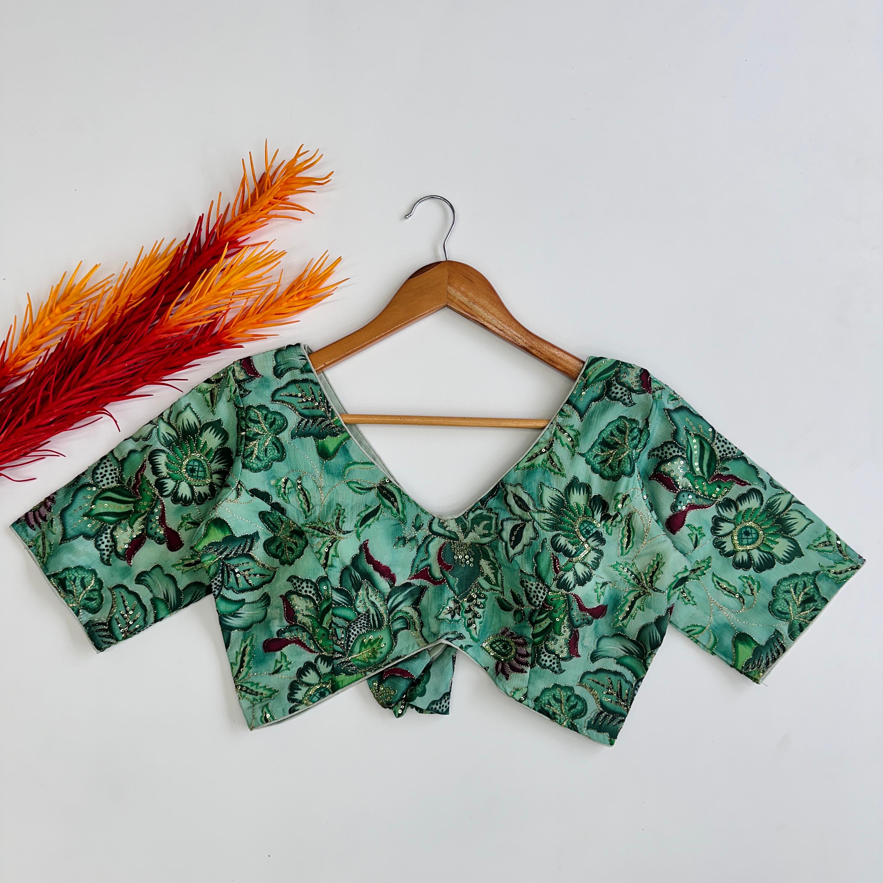 ClothsVilla Green Elegant Hand-Embroidered Tofu Silk Blouse with Sequins