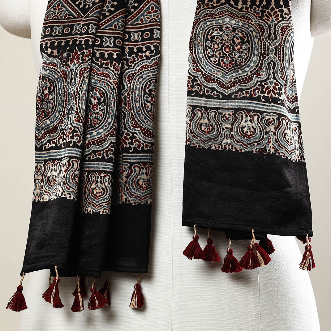 RIYAZ ABDULMAJID KHATRI - AJRAKH Black - Ajrakh Block Printed Mashru Silk Stole with Tassels - view 3