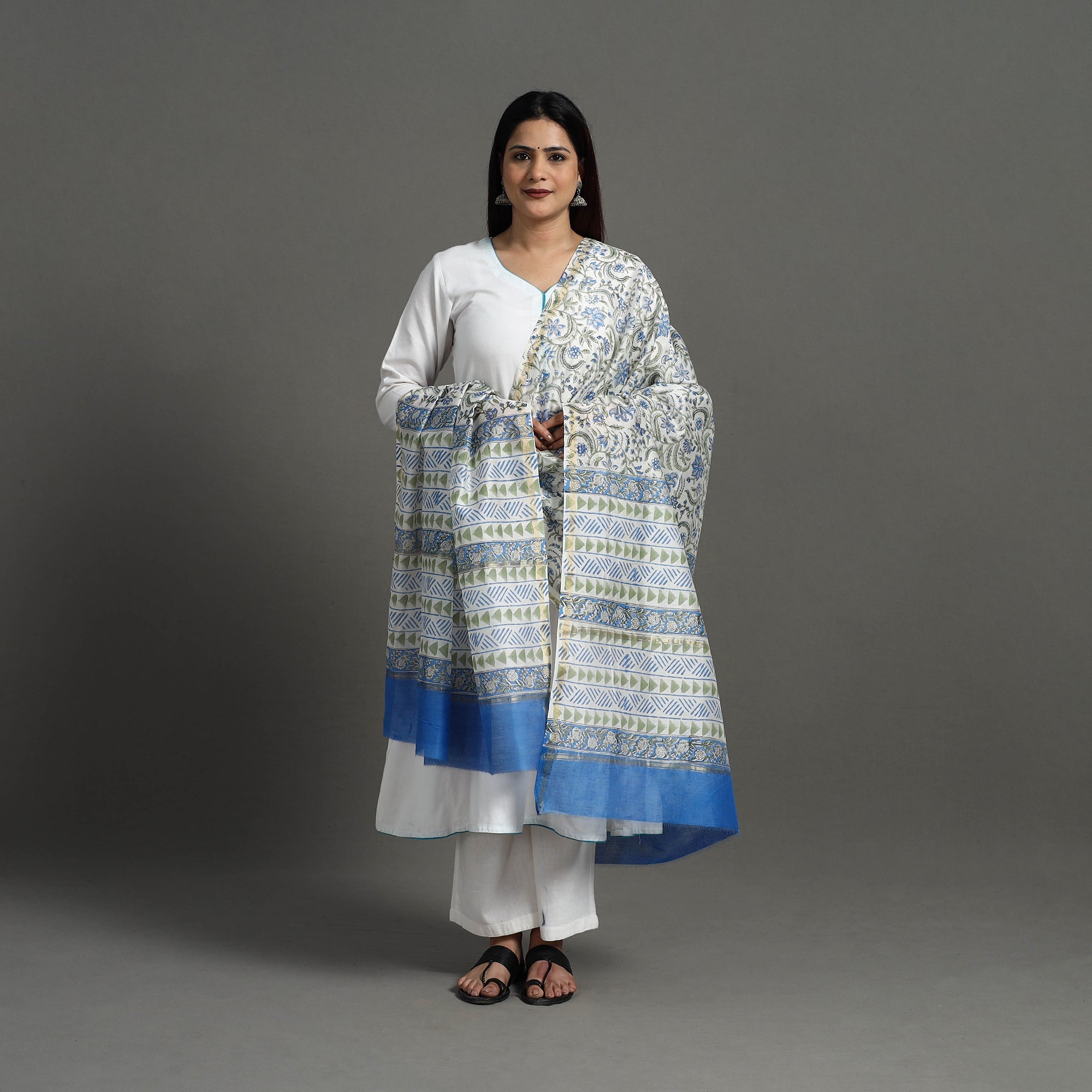ARTISAN HAND BLOCK PRINTS Blue - Block Print Handloom Chanderi Silk Sanganeri Dupatta 12 - view 3