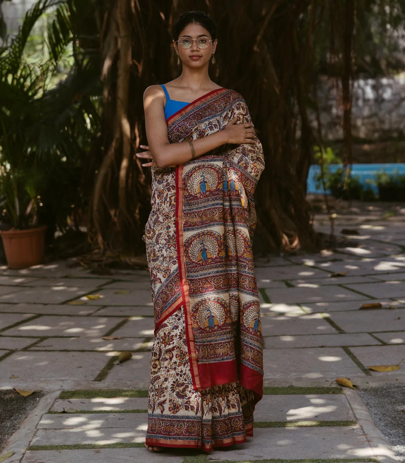 RmKV Cream Handloom Chanderi Cotton Saree With A Printed Kalamkari Design