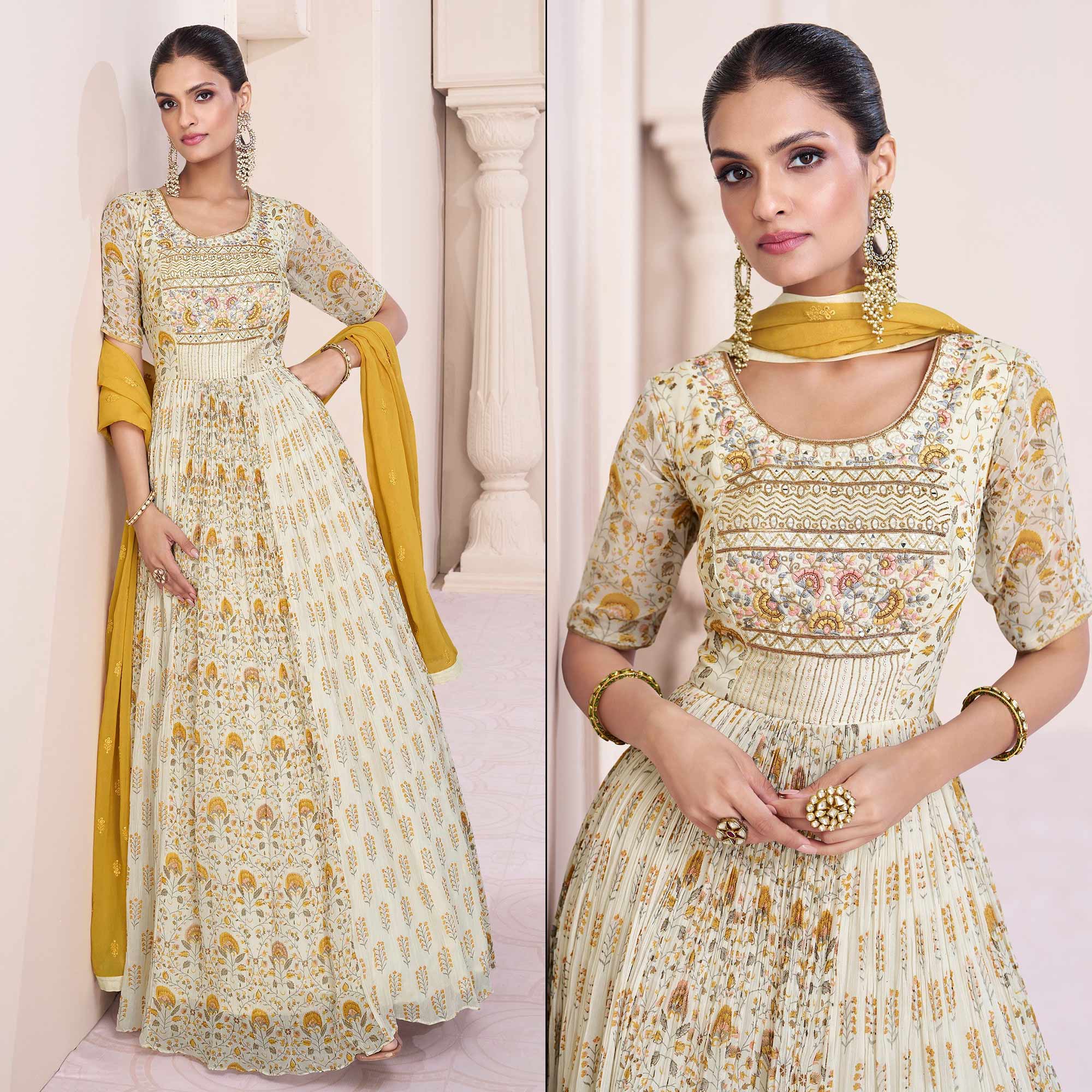Peachmode Cream Embroidered With Printed Georgette Semi Stitched Anarkali Suit