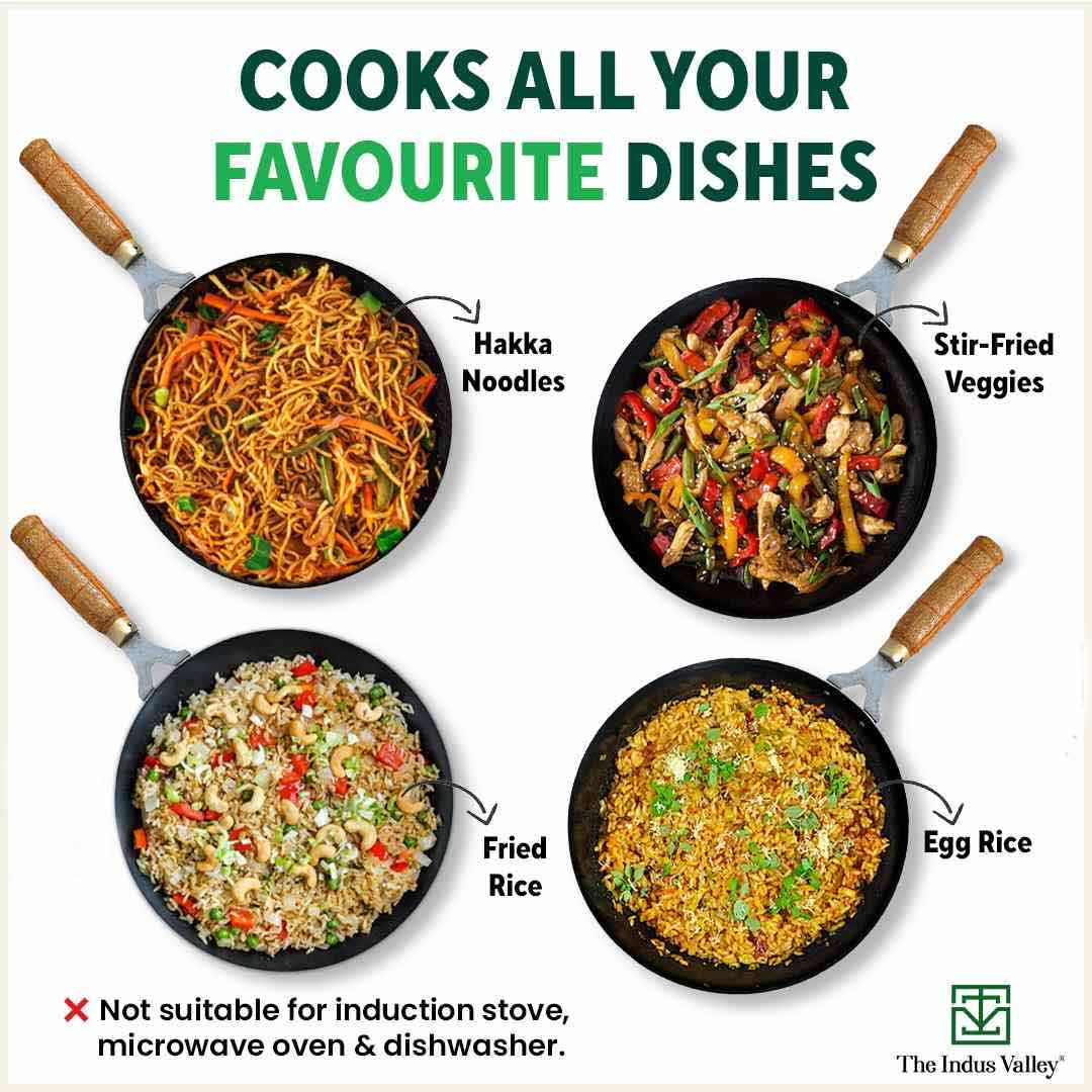 The Indus Valley 100% Pure Iron Wok with Wooden Handle, Toxin-free Sheet Iron, Pre-seasoned, 2.2/4.2L, 1/1.5kg - view 11