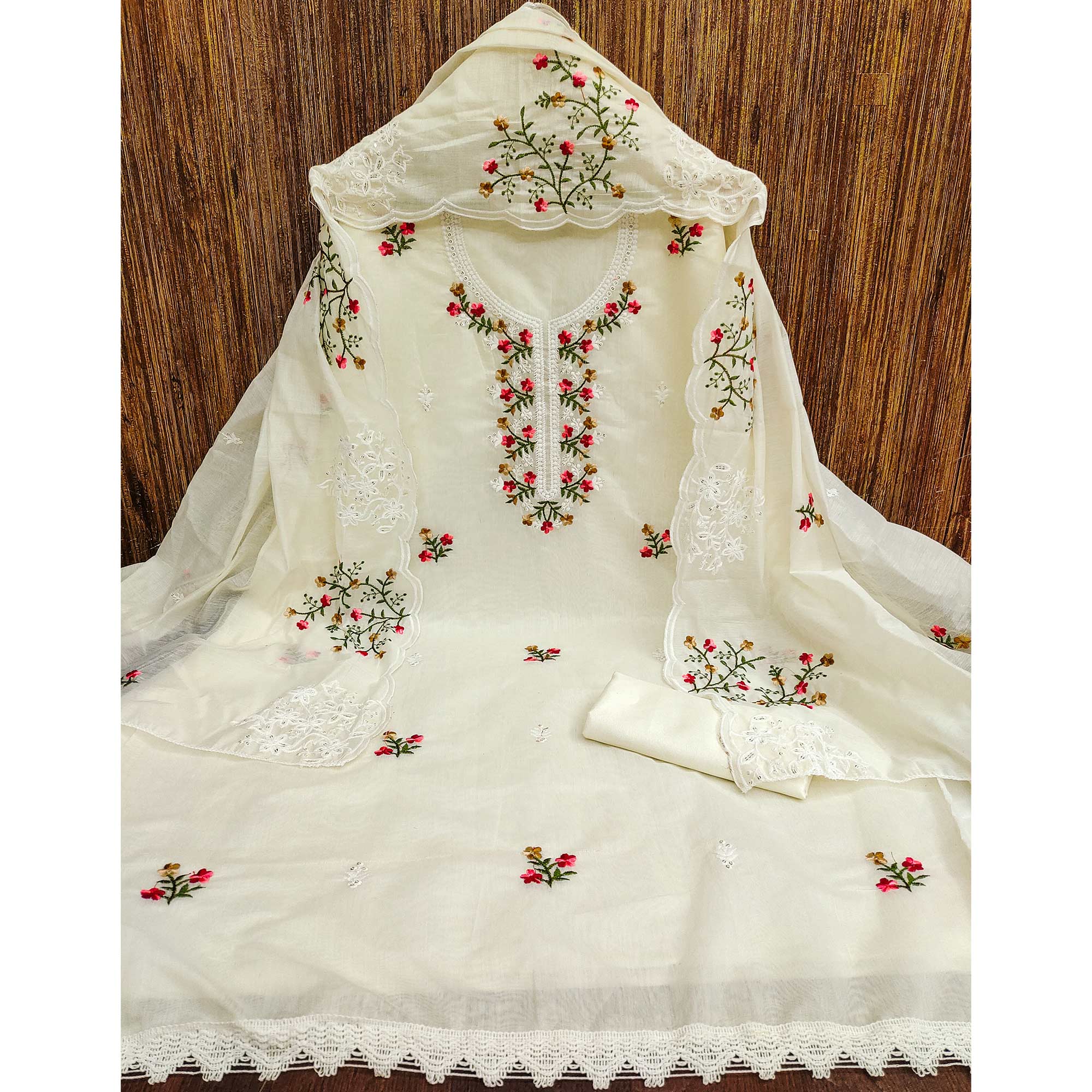 Peachmode Cream Floral Embroidered Chanderi Cotton Dress Material - view 3