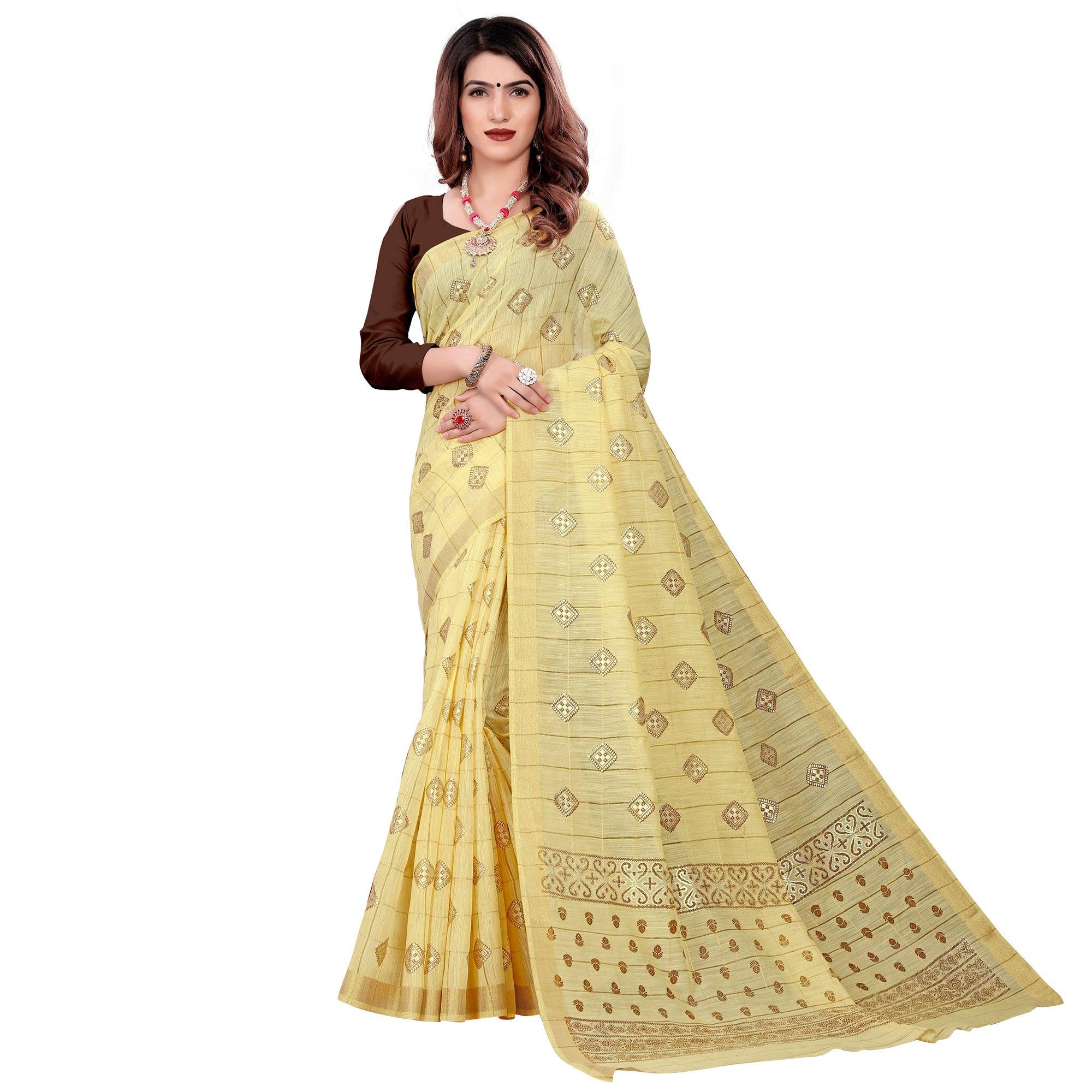 Peachmode Imposing Yellow Colored Casual Wear Printed Cotton Saree