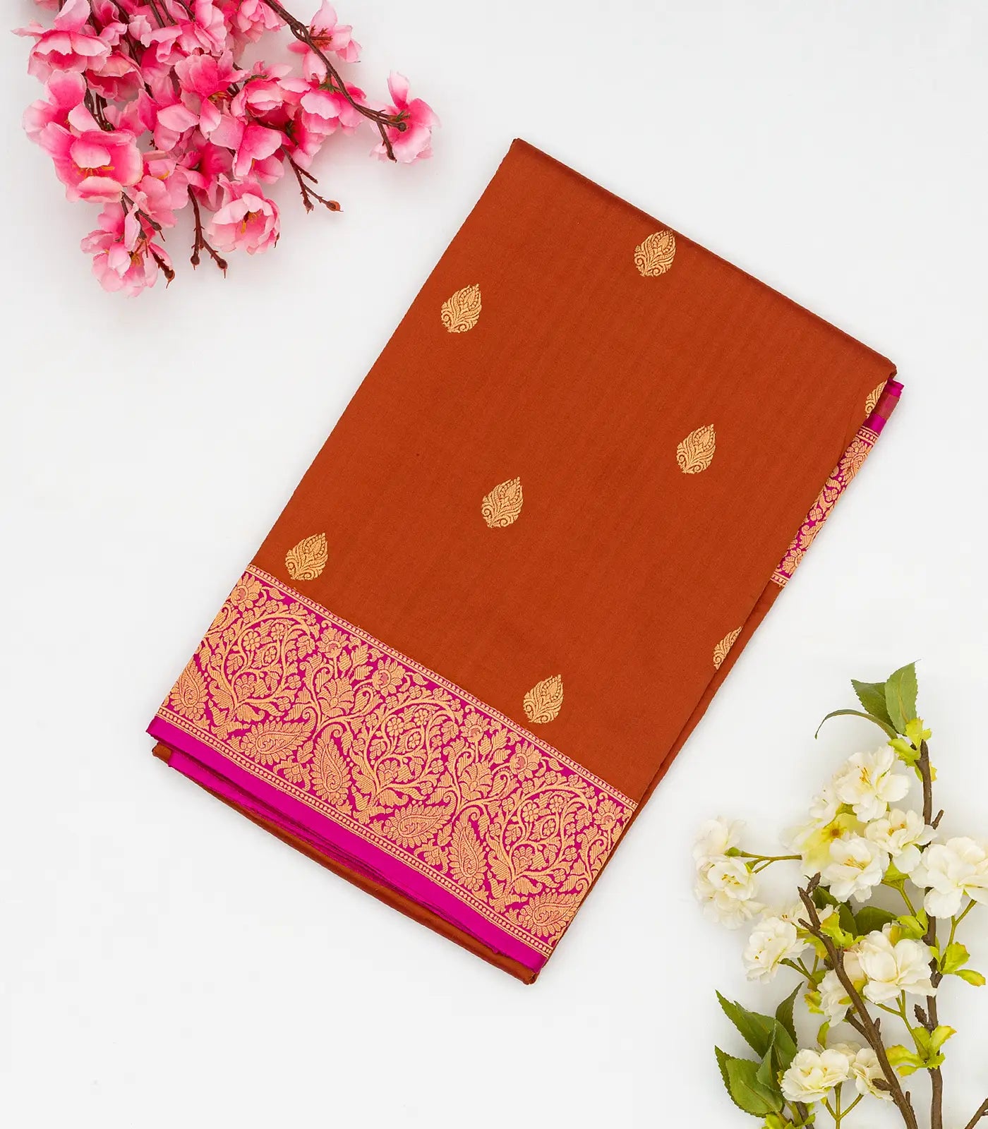 RmKV Rust Handloom Banarasi Silk Saree With Floral Buttas
