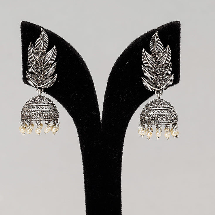 WHITE RIVER STORIES Antique Silver Finish Oxidised Brass Base Jhumki Earrings - view 2