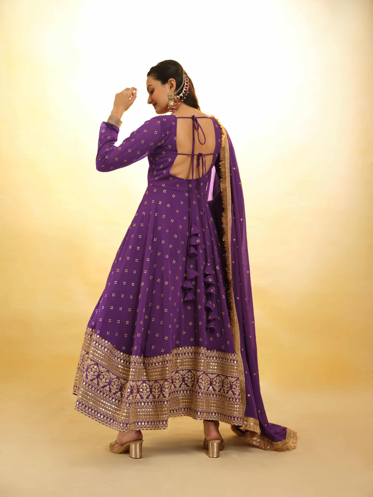 ClothsVilla Purple Georgette Suit with Embroidery and Shantoon Bottom - view 4