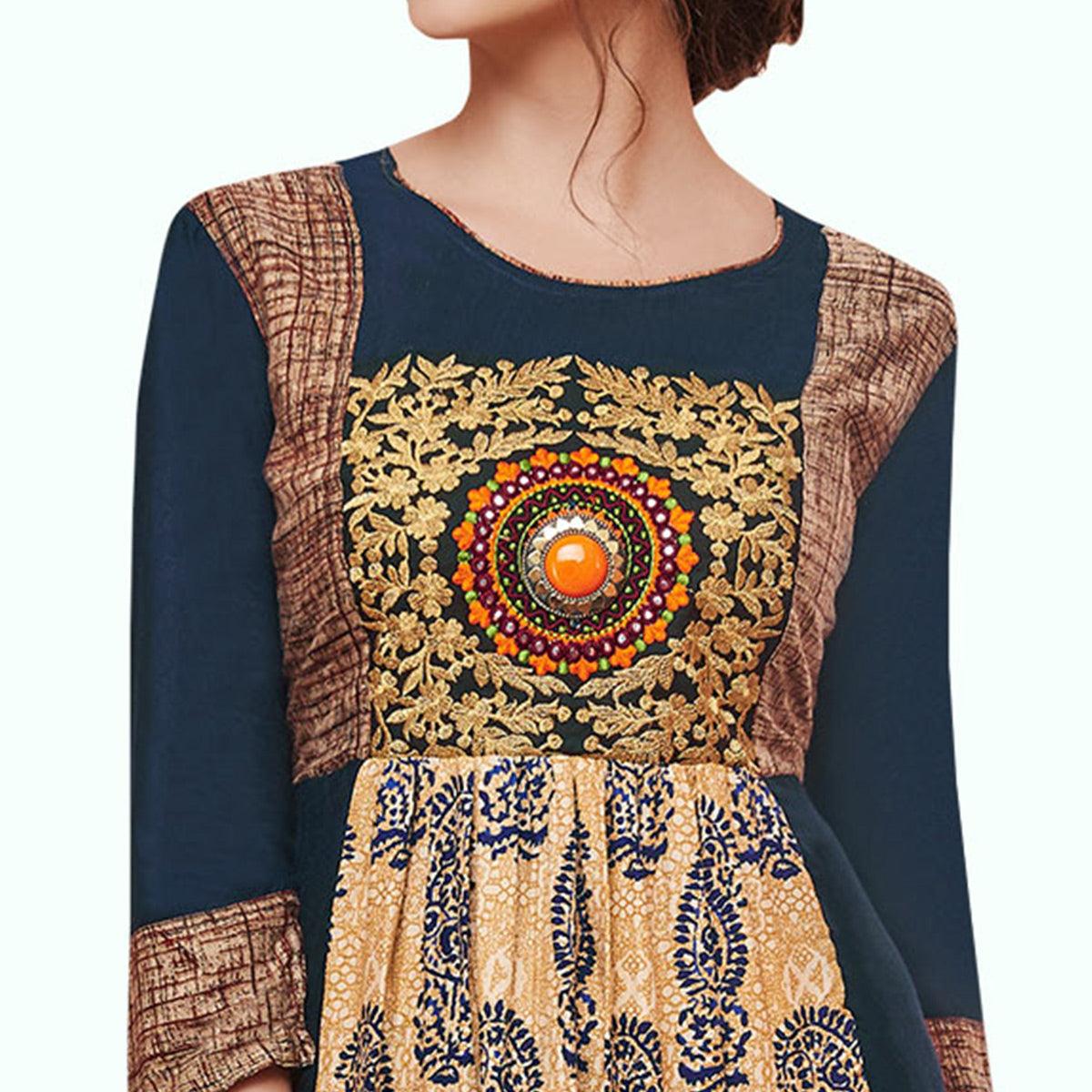 Peachmode Seller Eye-catching Blue-Beige Colored Partywear Embroidered Rayon Kurti - view 2