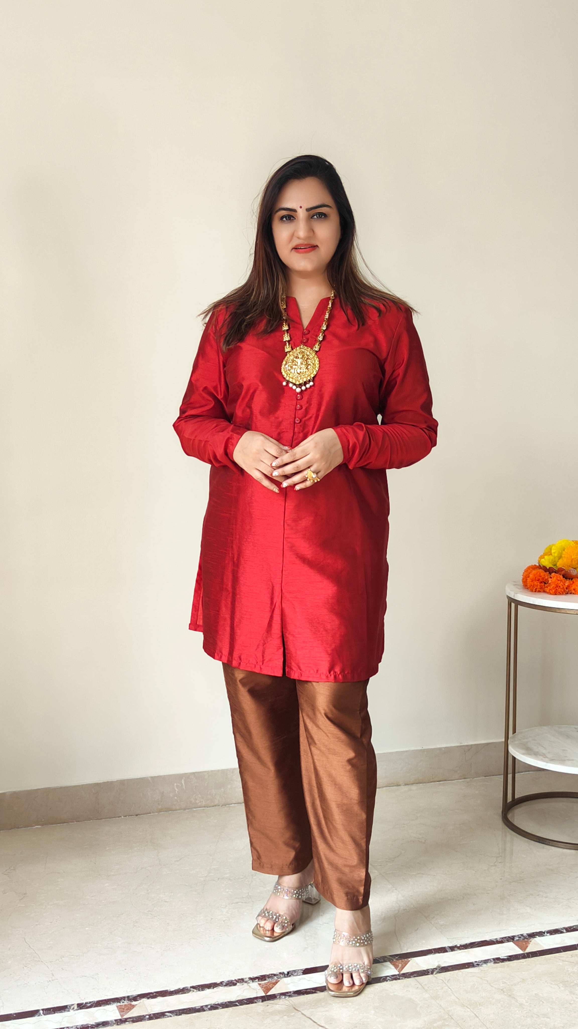 trueBrowns Red Silk Kurta Co-ord Set - view 2