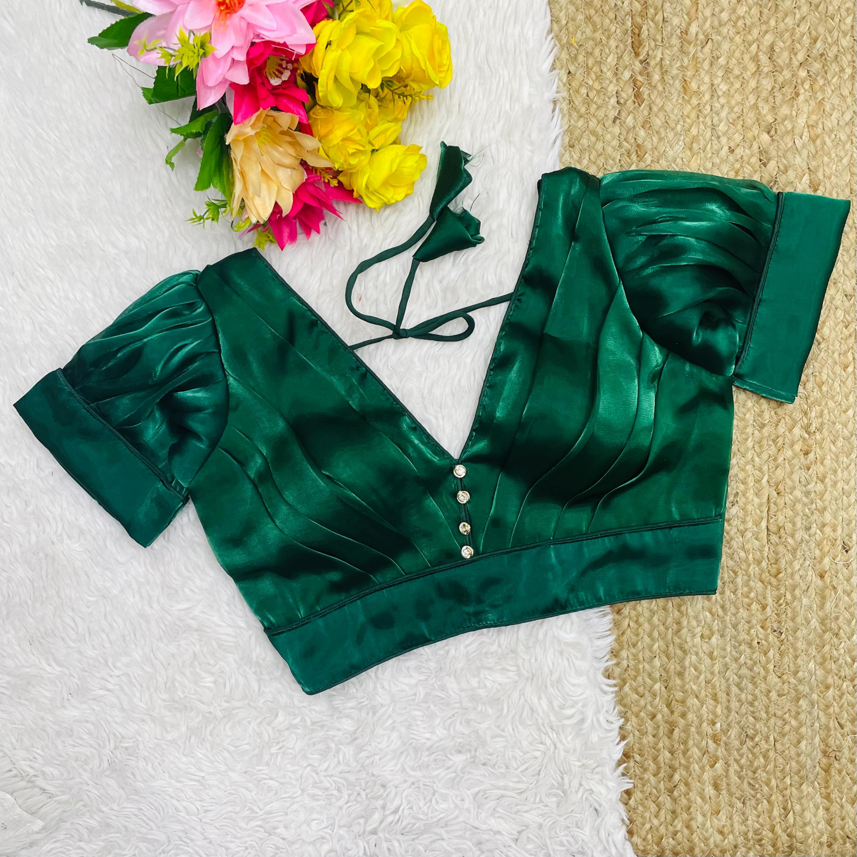 ClothsVilla Dark Green Glamorous Ruffled Metallic Jimmy Choo Blouse